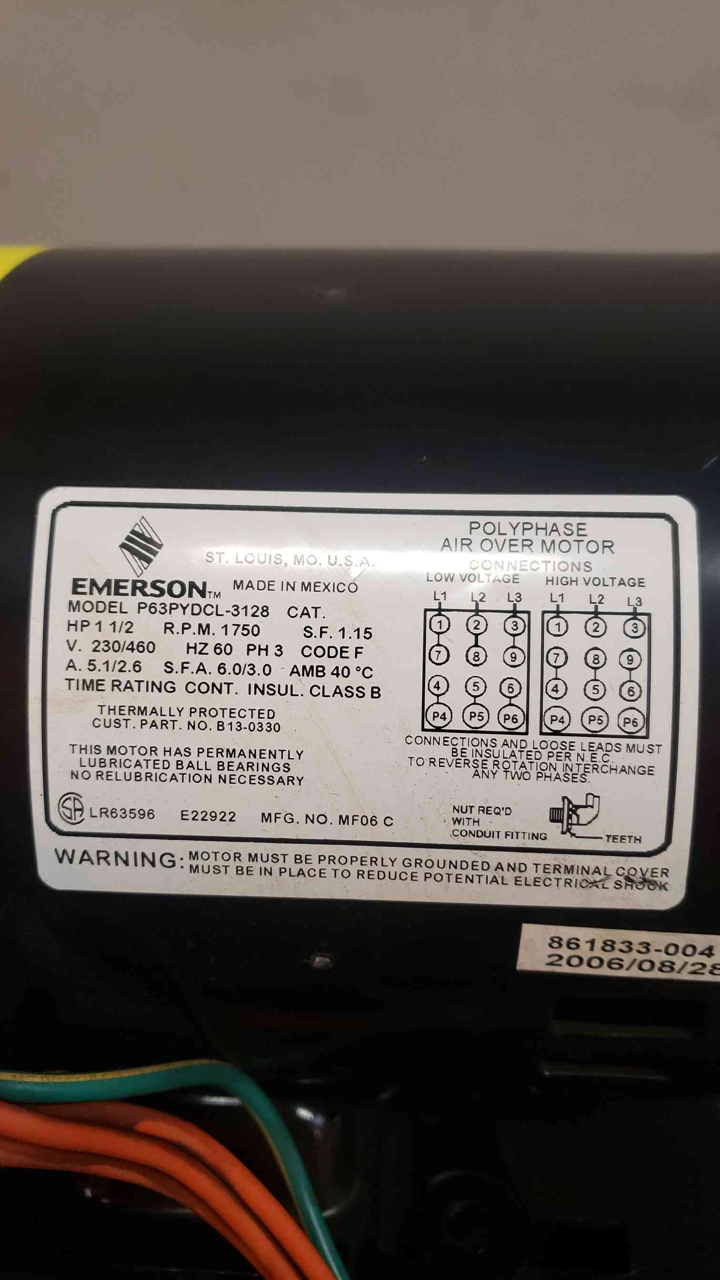 1 1/2 HP Emerson 230/460V Air Over Motor P63PYDCL3128 (SKU: 4561AA)(4561AA)