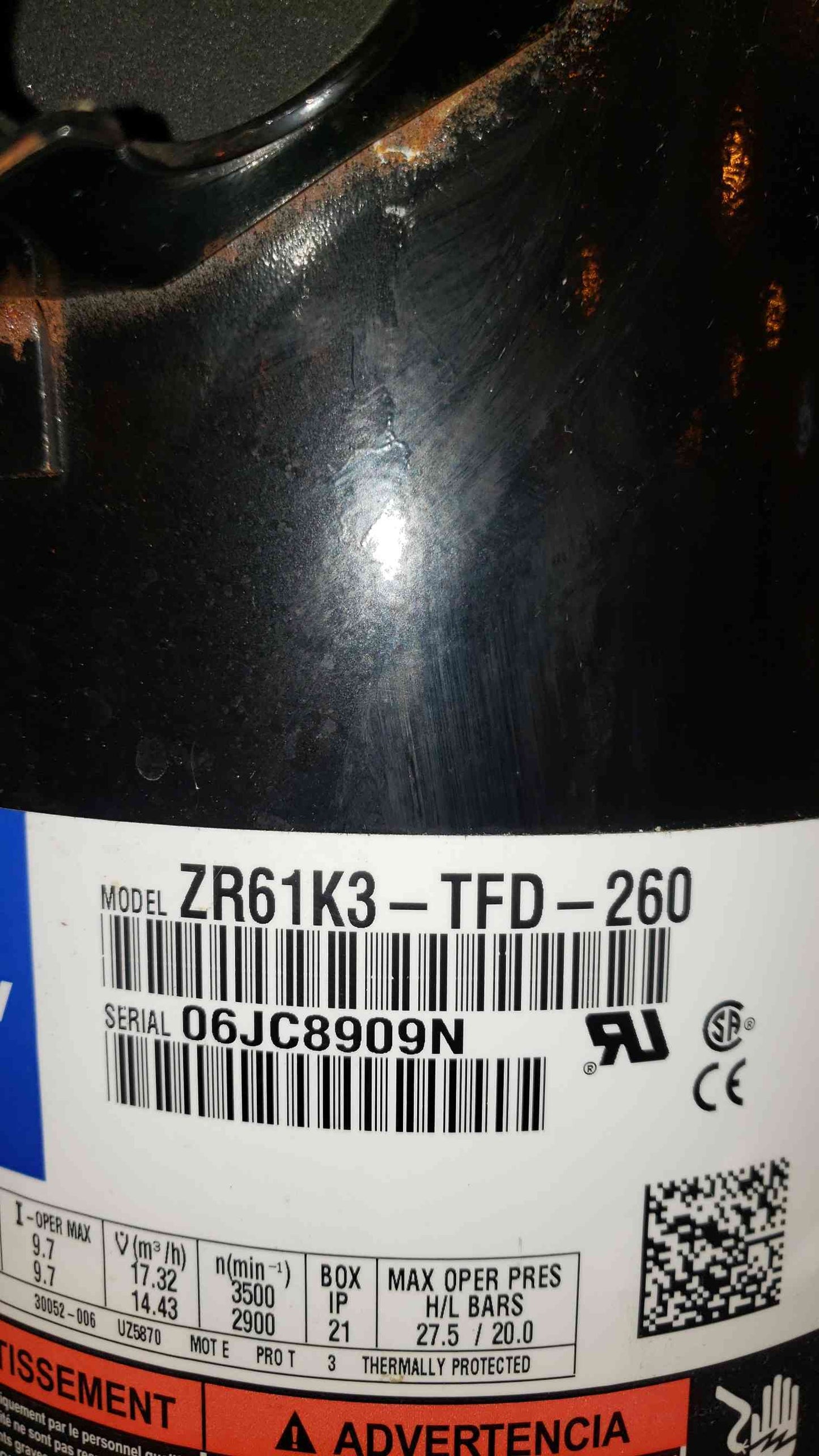 Copeland Scroll 460 380420V 3PH Compressor ZR61K3TFD260 (SKU: 4563AA)(4563AA)