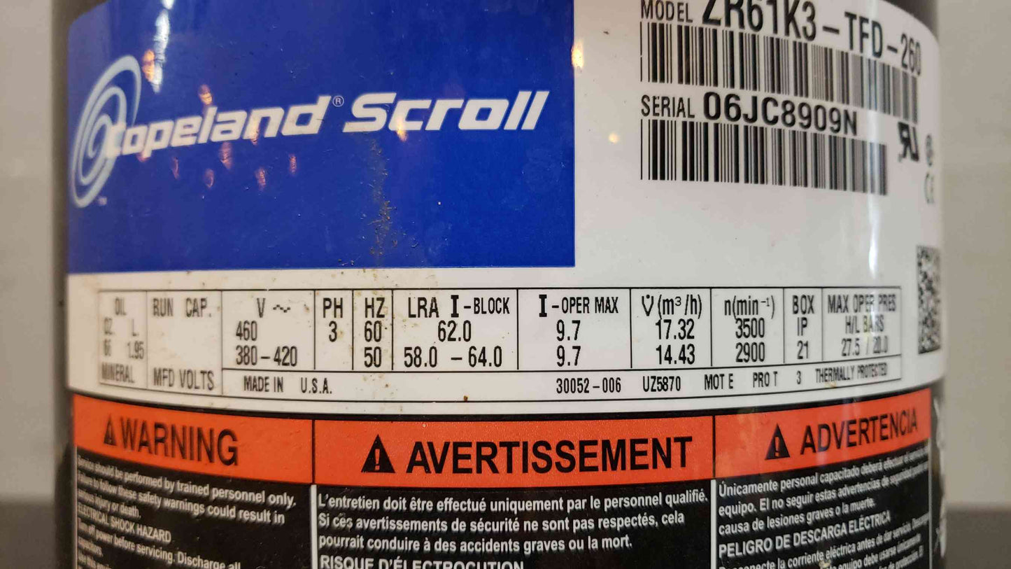 Copeland Scroll 460 380420V 3PH Compressor ZR61K3TFD260 (SKU: 4563AA)(4563AA)