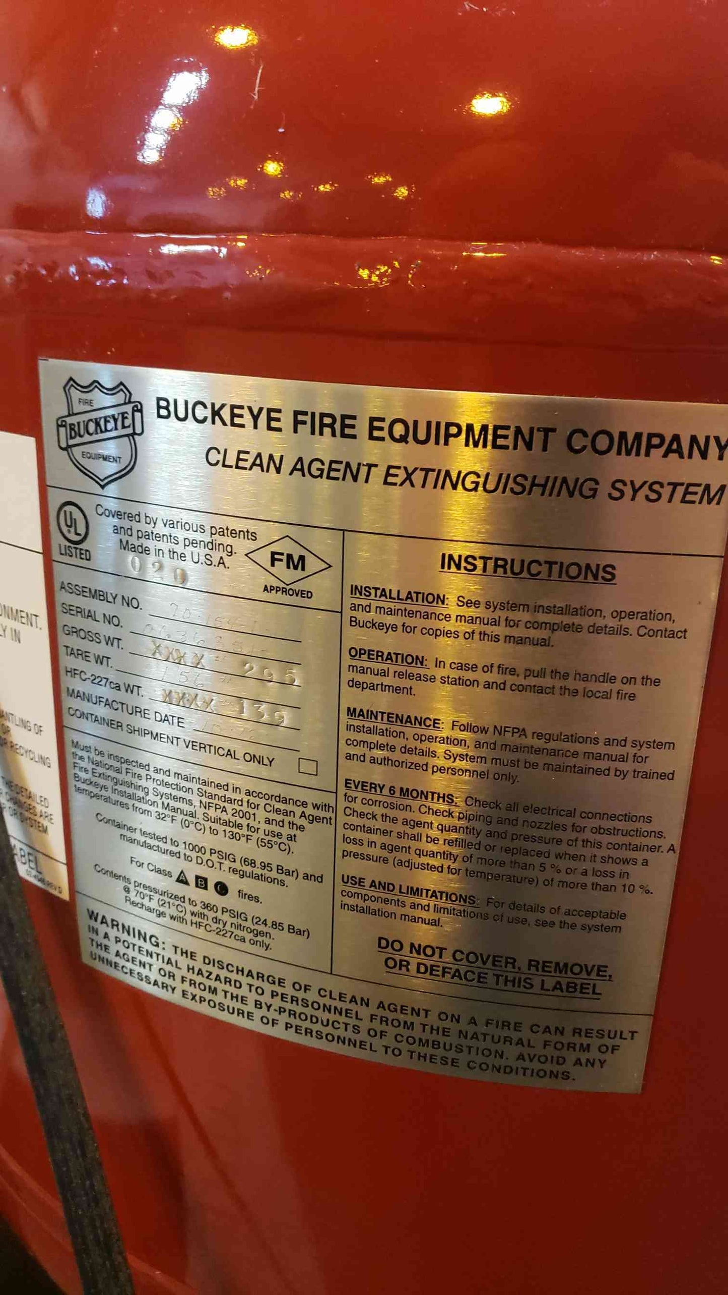 133 Lbs FM-200 Buckeye Fire Clean Agent Cylinder Partly Full (SKU: 4105AA)(4105AA)