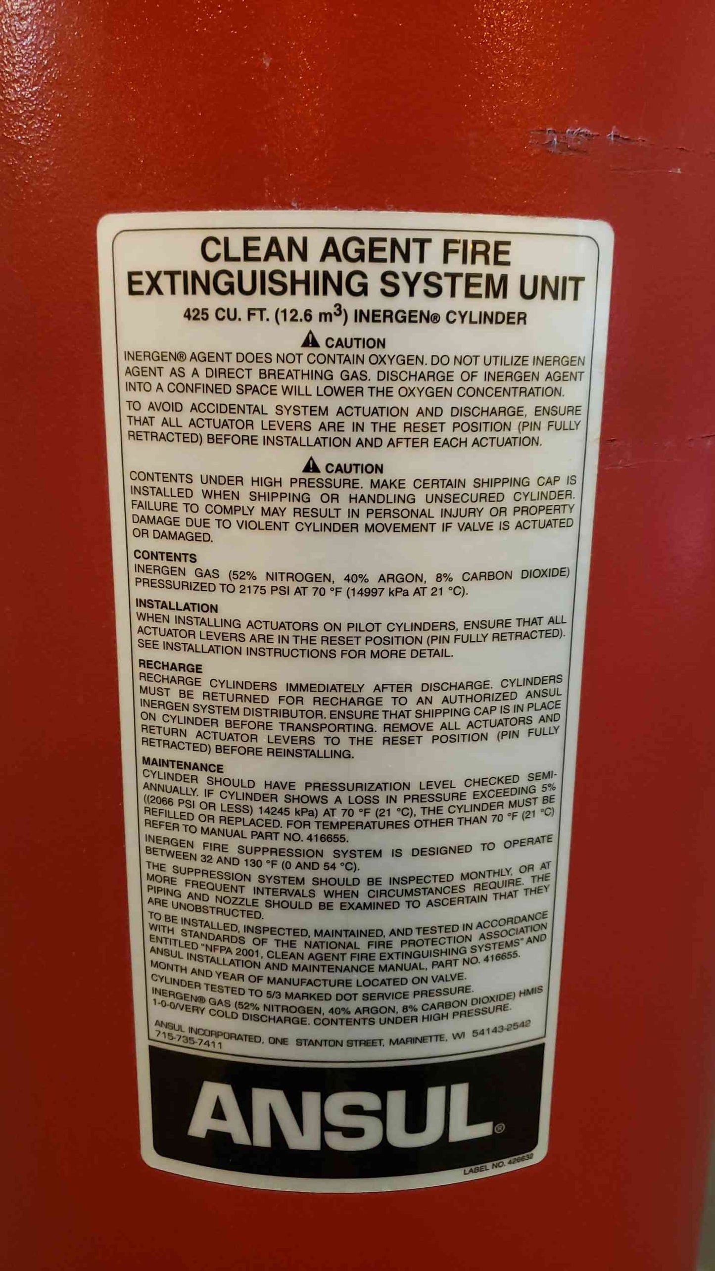 425 Cu Ft Ansul Inergen CO2 Clean Agent Fire Extinguishing Cylinders Full (SKU: 4583AA)(4583AA)