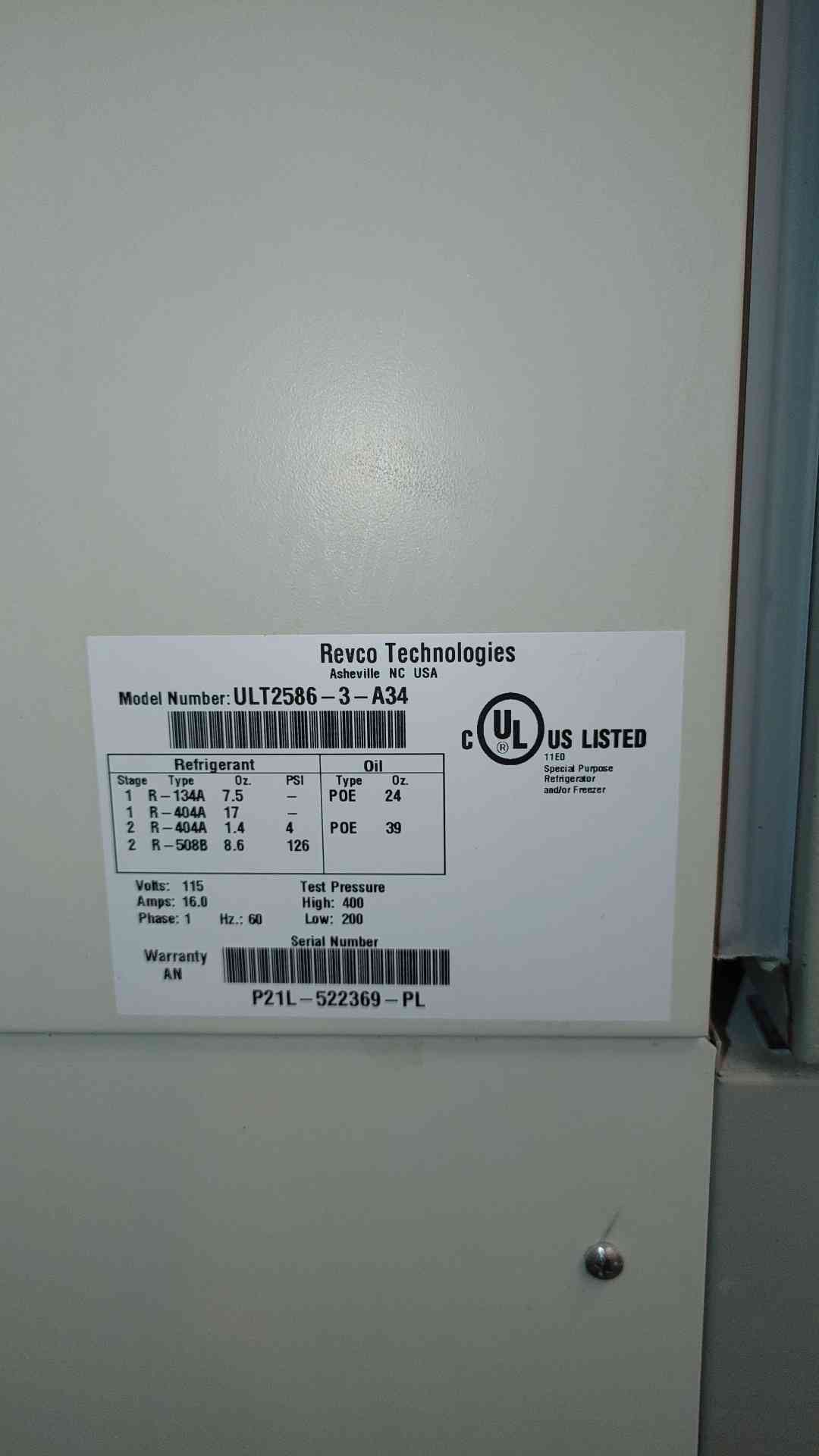 REVCO ULT2586-3-A34 Ultra Low Temp Freezer AS-IS Doesnt Fully Cool Need Charge (3124AA)(3124AA)