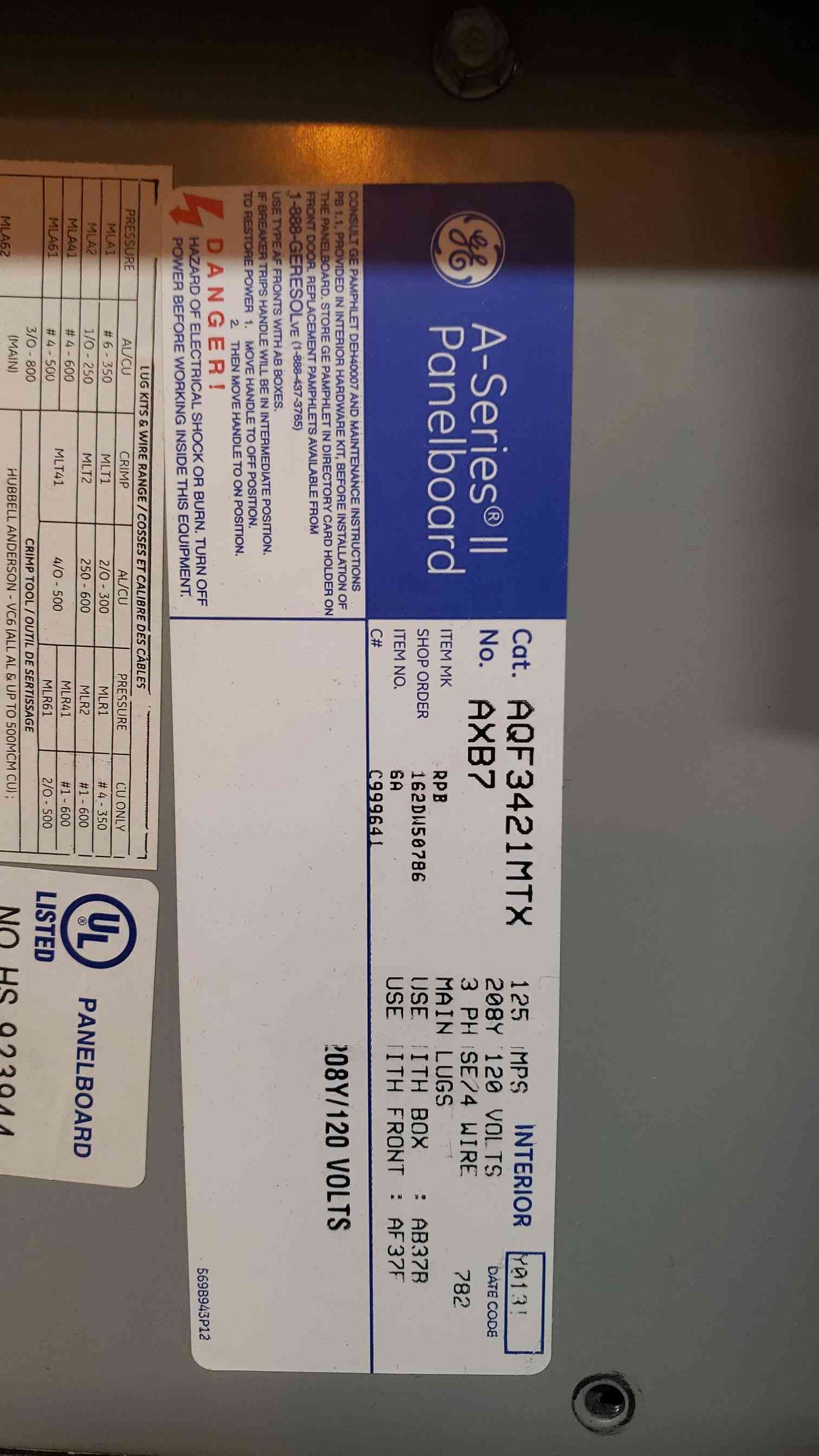 GE ASeries 125A Breaker Panelboard AF37F (SKU: 13974AA)(13974AA)