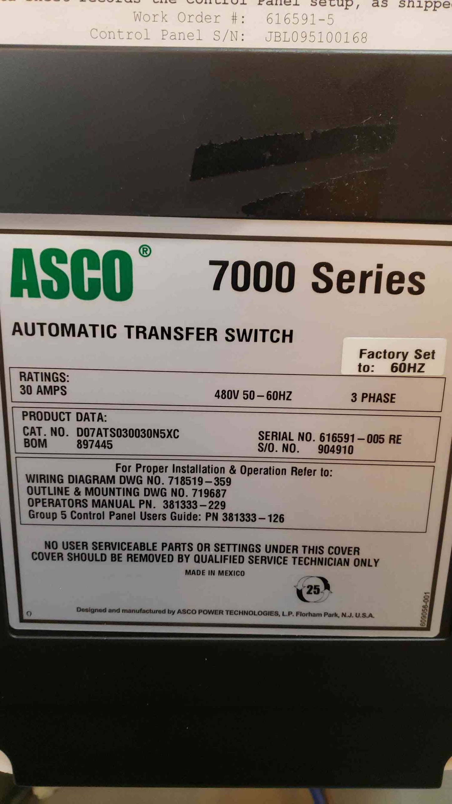 ASCO 7000 Series 30A 480v ATS D07ATS030030N5XC (SKU: 13988AA)(13988AA)