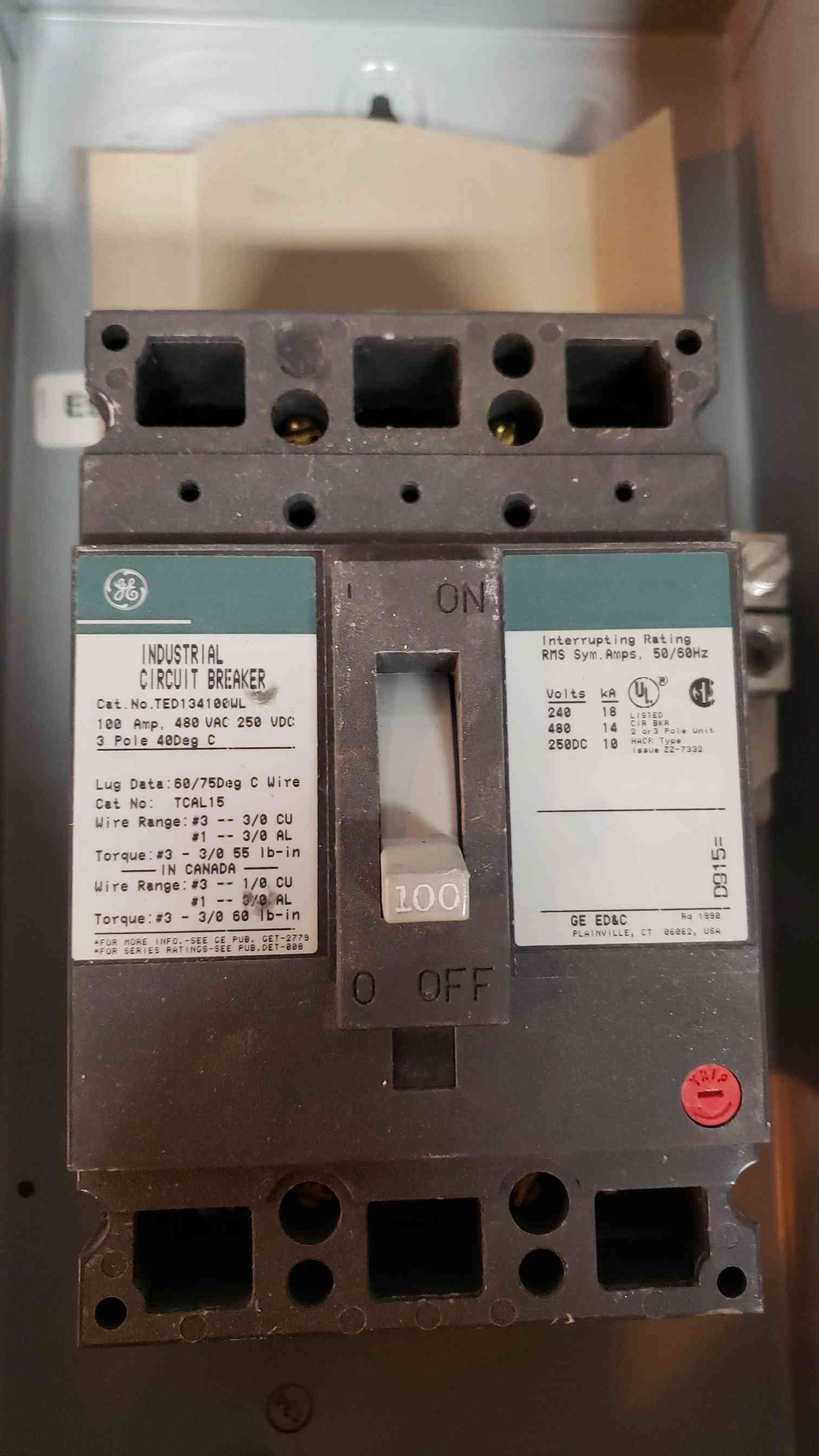 GE 100A Circuit Breaker in Enclosure 600VAC Max TED134100WL (SKU: 13984AA)(13984AA)