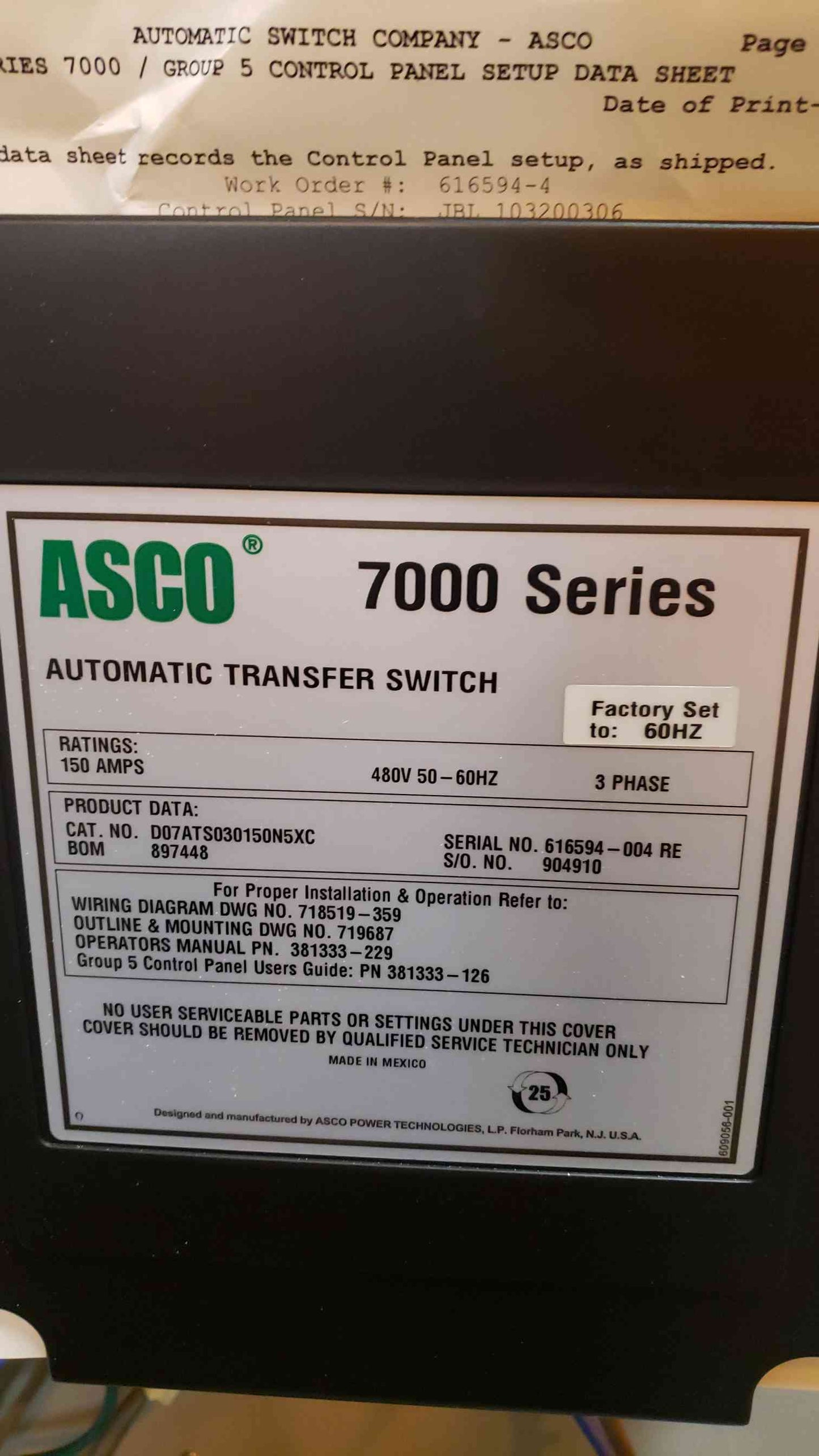 ASCO 7000 Series 150A ATS D07ATS030150N5XC (SKU: 13989AA)(13989AA)