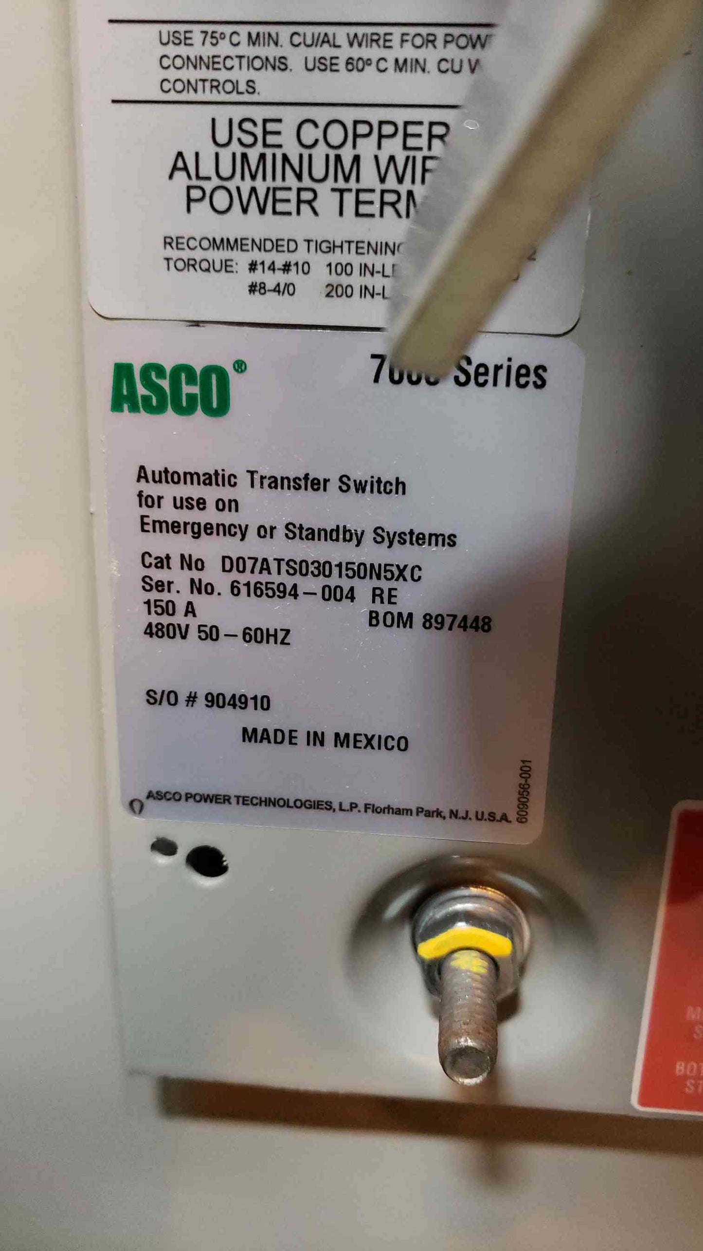 ASCO 7000 Series 150A ATS D07ATS030150N5XC (SKU: 13989AA)(13989AA)