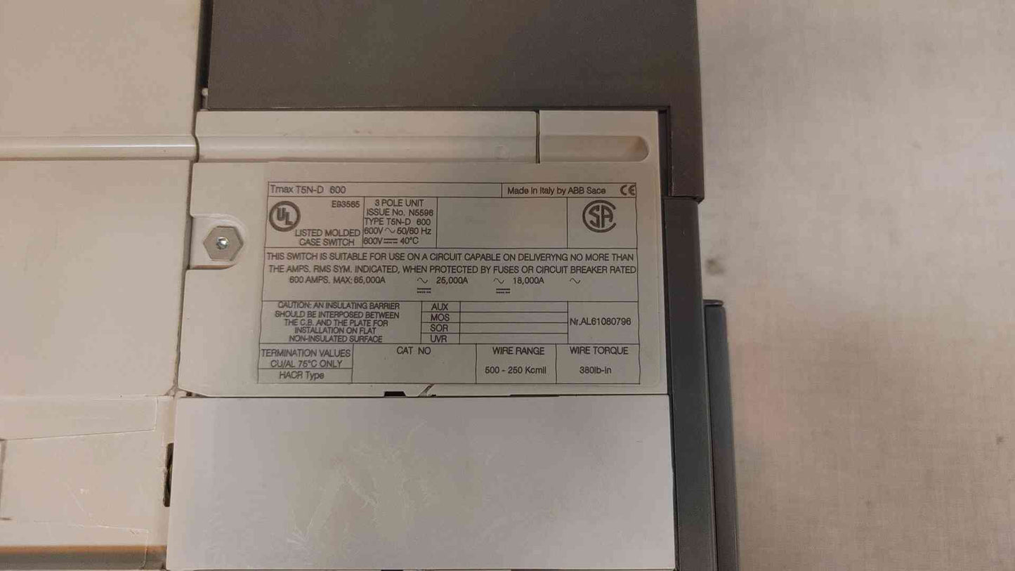 600A ABB Tmax T5ND 600 N5596 3 Pole (3610AA)(3610AA)