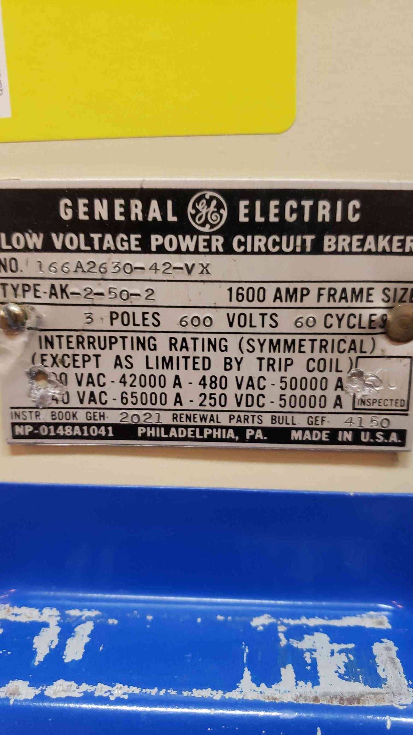 GE 1600A 3 Pole Low Voltage Circuit Breaker 166A263042VX (SKU: 14969AA)(14969AA)
