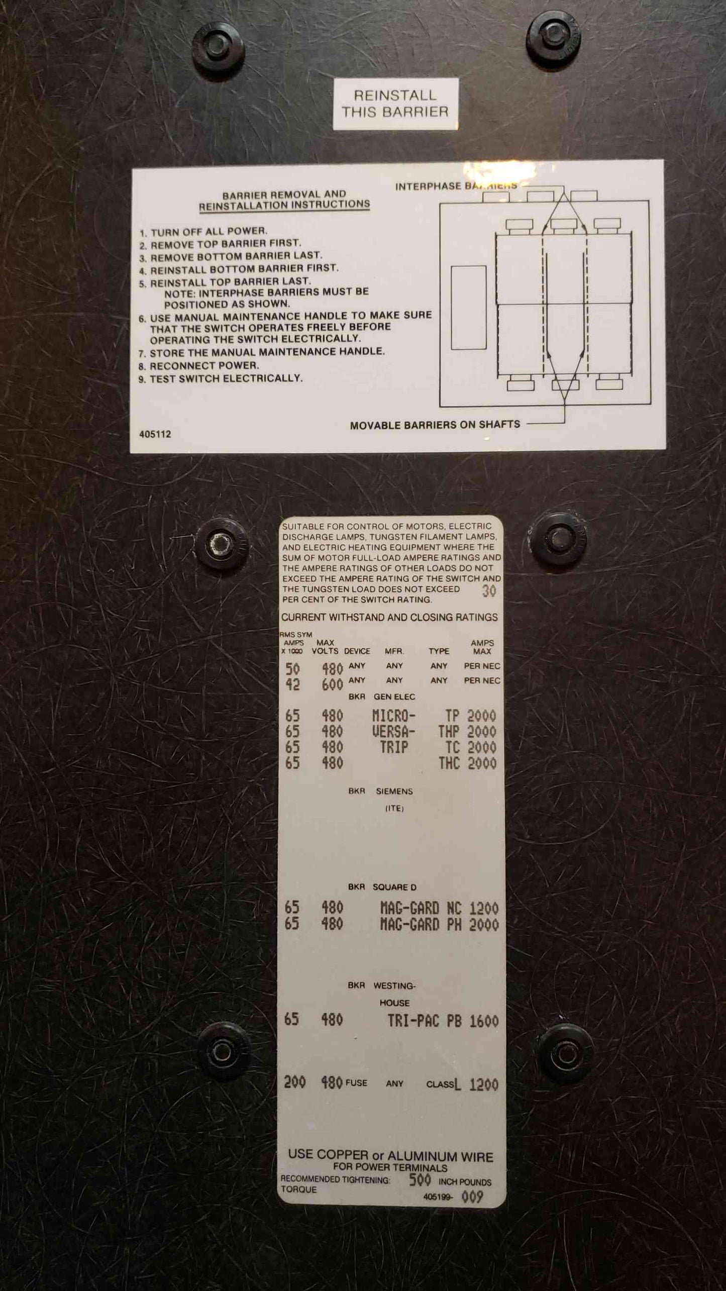 ASCO ATS Bypass Isolation Switch 800A 480V 3Ph E962380097XC (SKU:14994AA)(14994AA)
