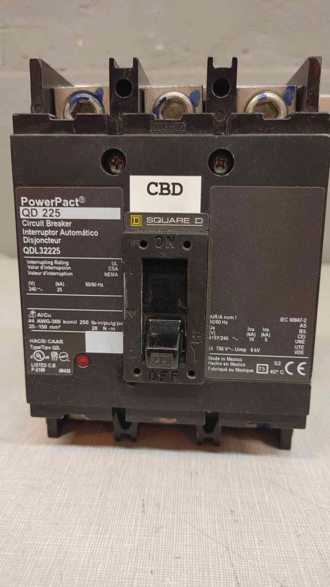 Square D QDL32225 PowerPact Circuit Breaker 225A 240V 3P 3PH QD 225 225 Amp(3641AA)
