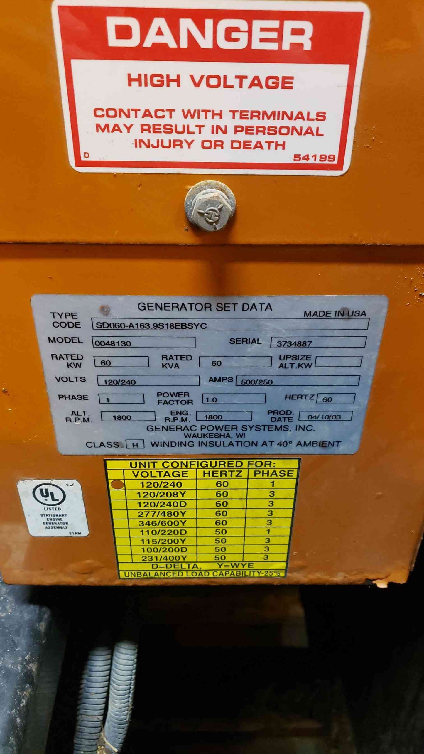 60KW Generac 3.7L Mitsubishi Generator 1PH Diesel 865Hrs TESTED (SKU:103131)(103131)