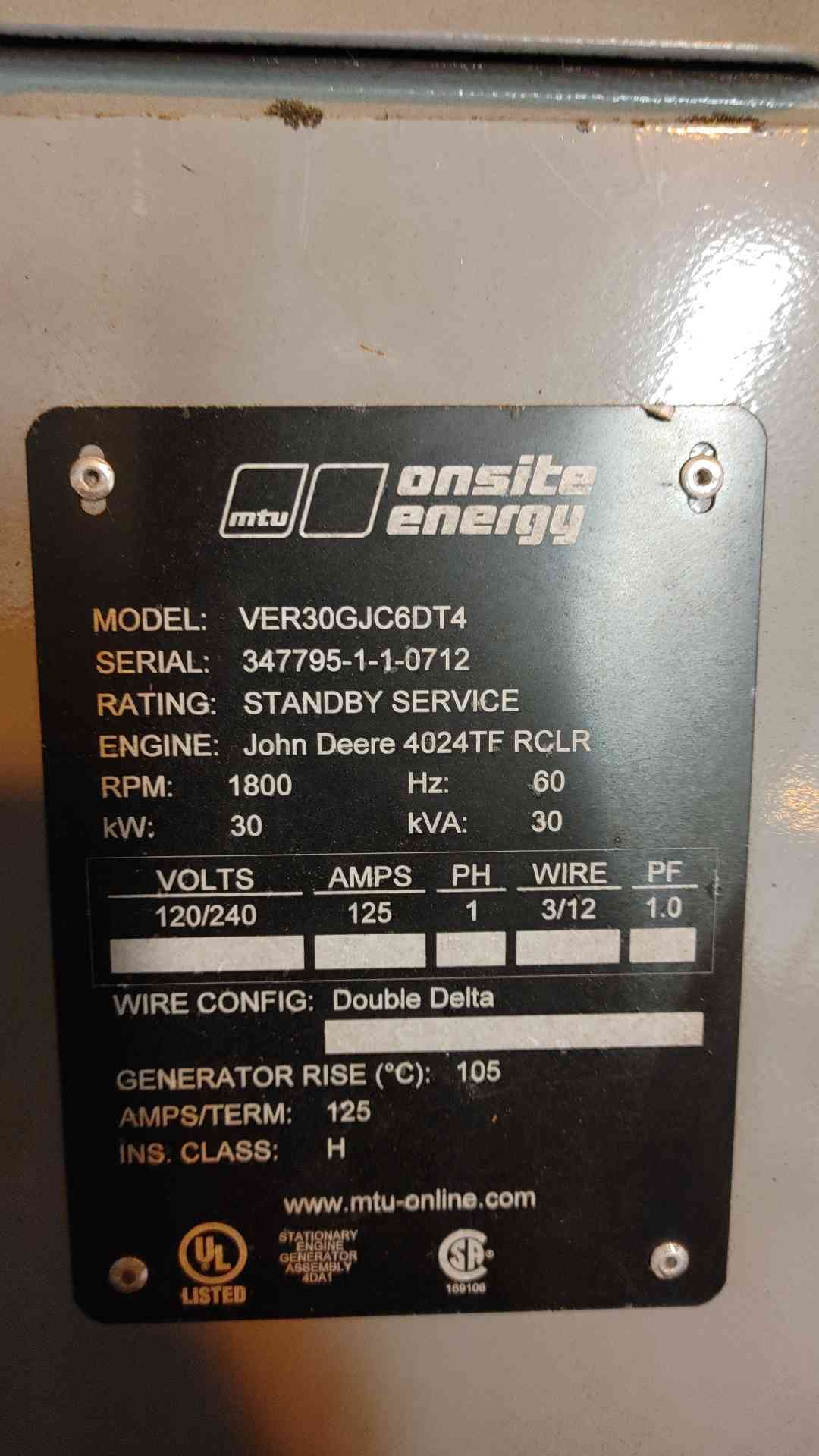 30KW MTU John Deere 4024TF 1PH Diesel AS-IS / Parts / Not Working(103177)