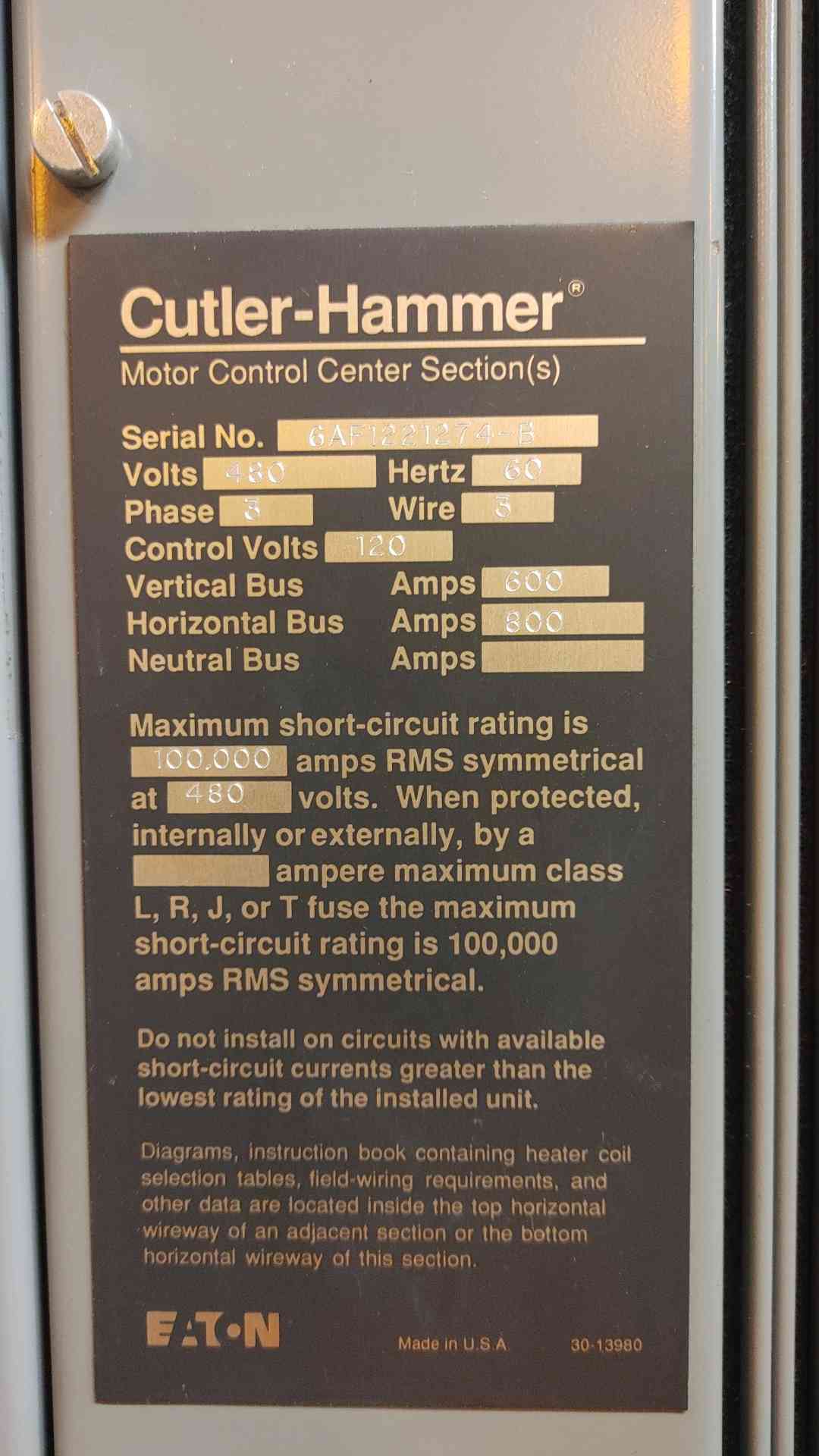 Cutler-Hammer Eaton MCC Unitrol 480v 600/800A 10 Bucket Motor Control Center