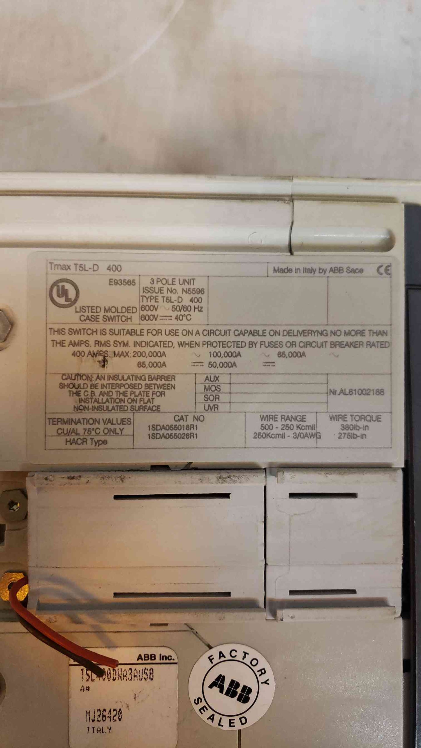 ABB SACE 3 Pole Breaker 400A E93565 600V (SKU:103228)(103228)