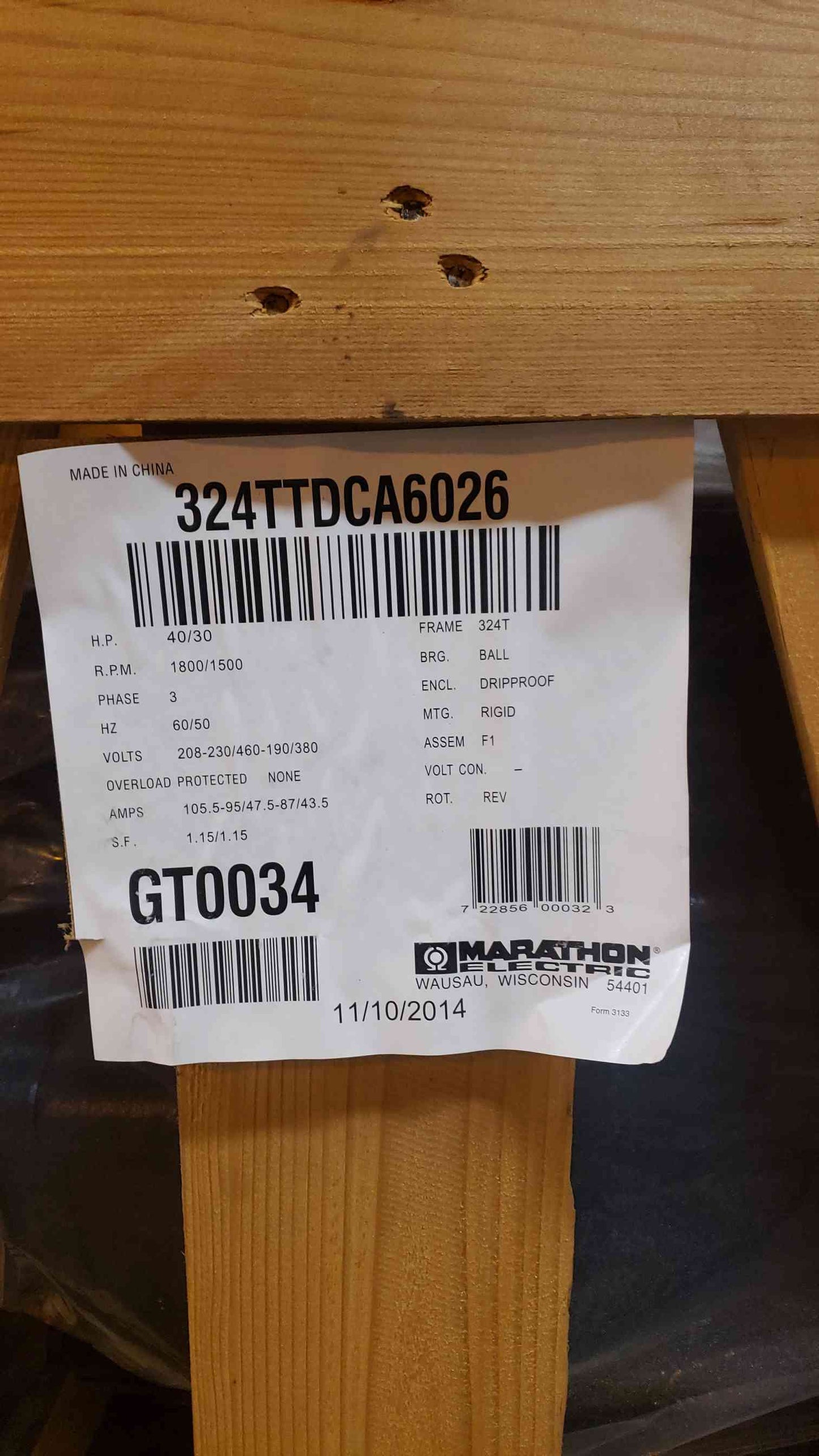 40HP Marathon Electric Motor GlobeTrotter 3PH 208V 324TTDCA6026 (SKU:103232)(103232)