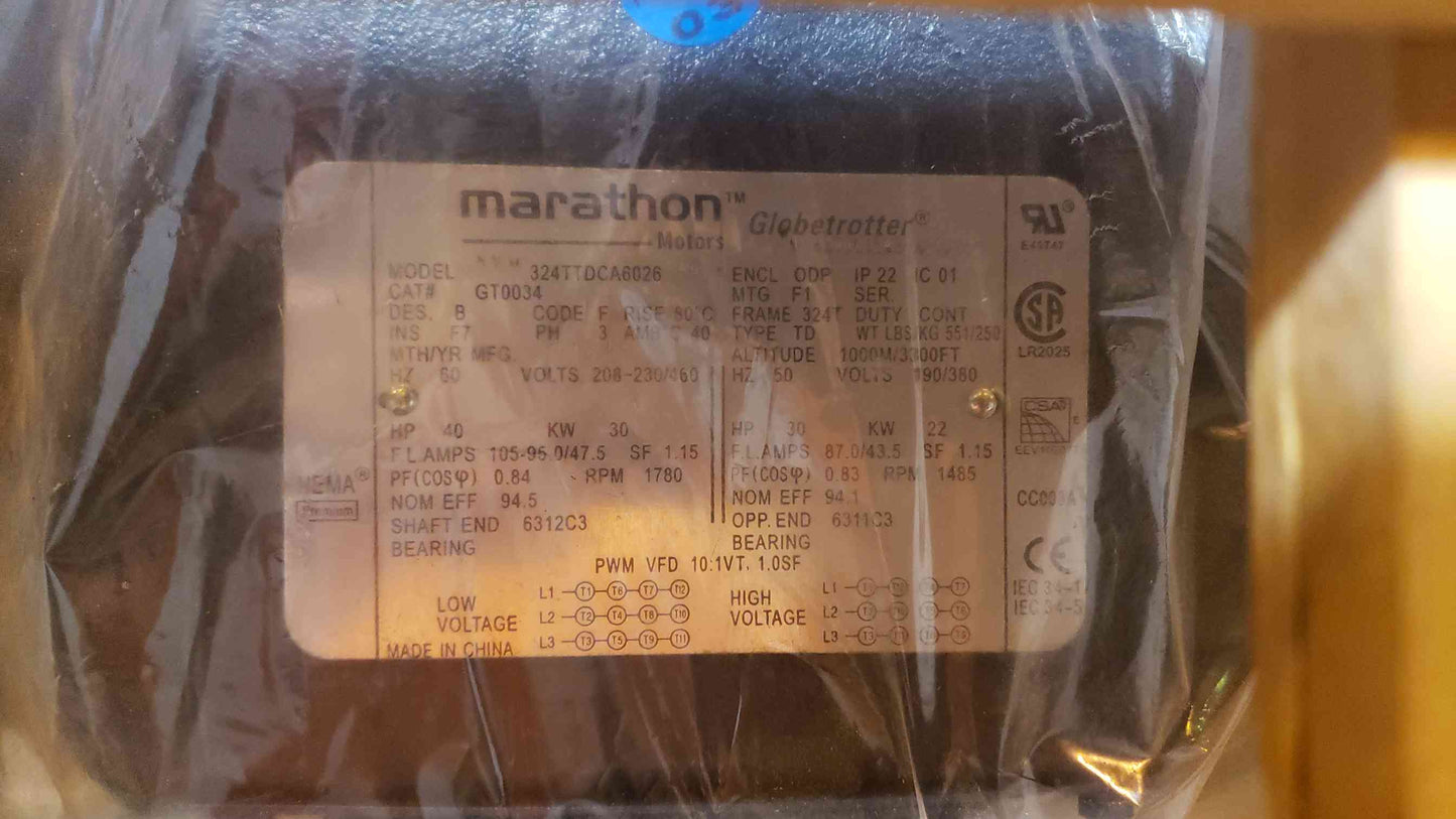 40HP Marathon Electric Motor GlobeTrotter 3PH 208V 324TTDCA6026 (SKU:103232)(103232)