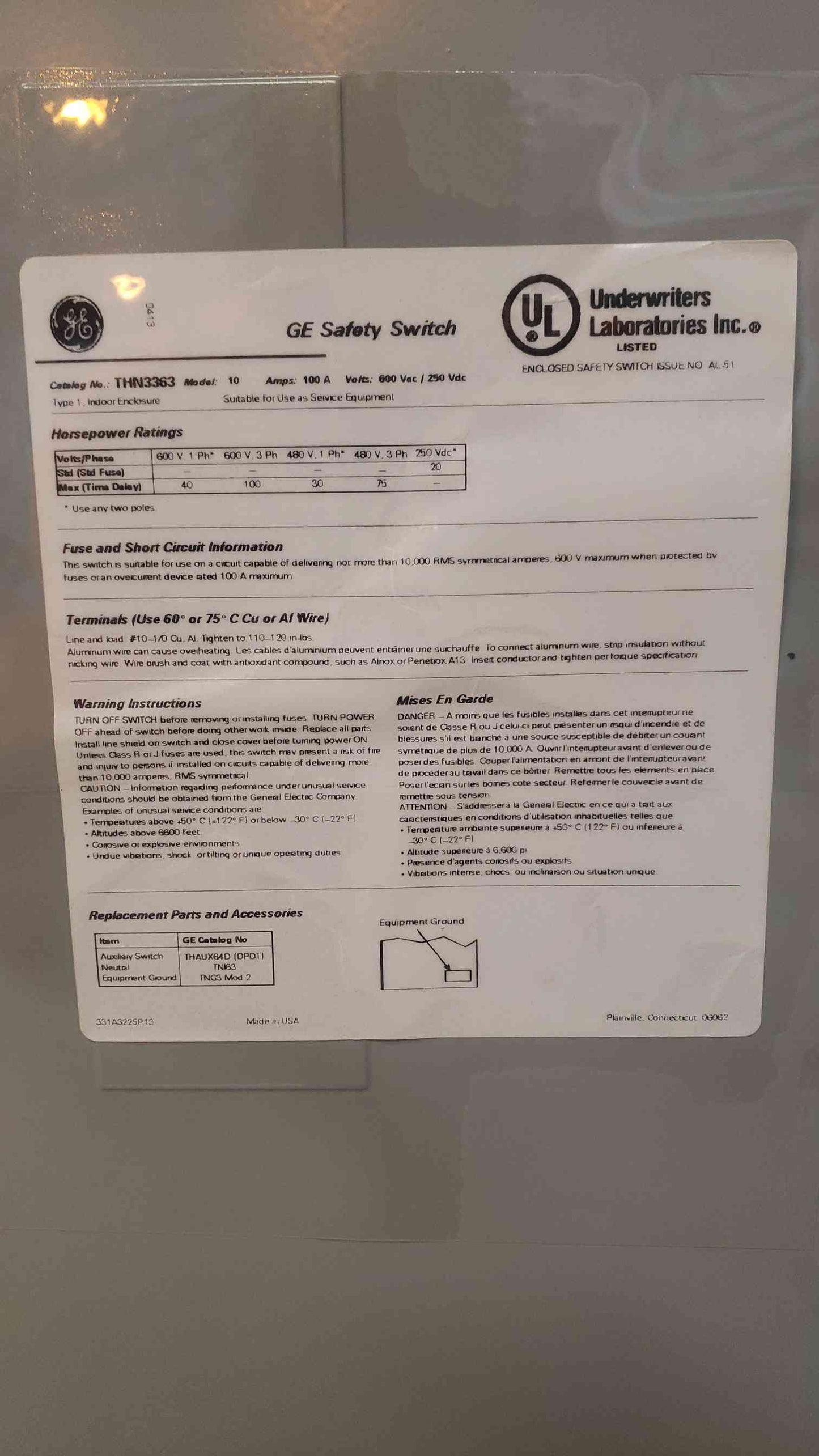 *Pickup Only* General Electric Safety Switch THN3363 600VAC 100A (SKU:103245)(103245)