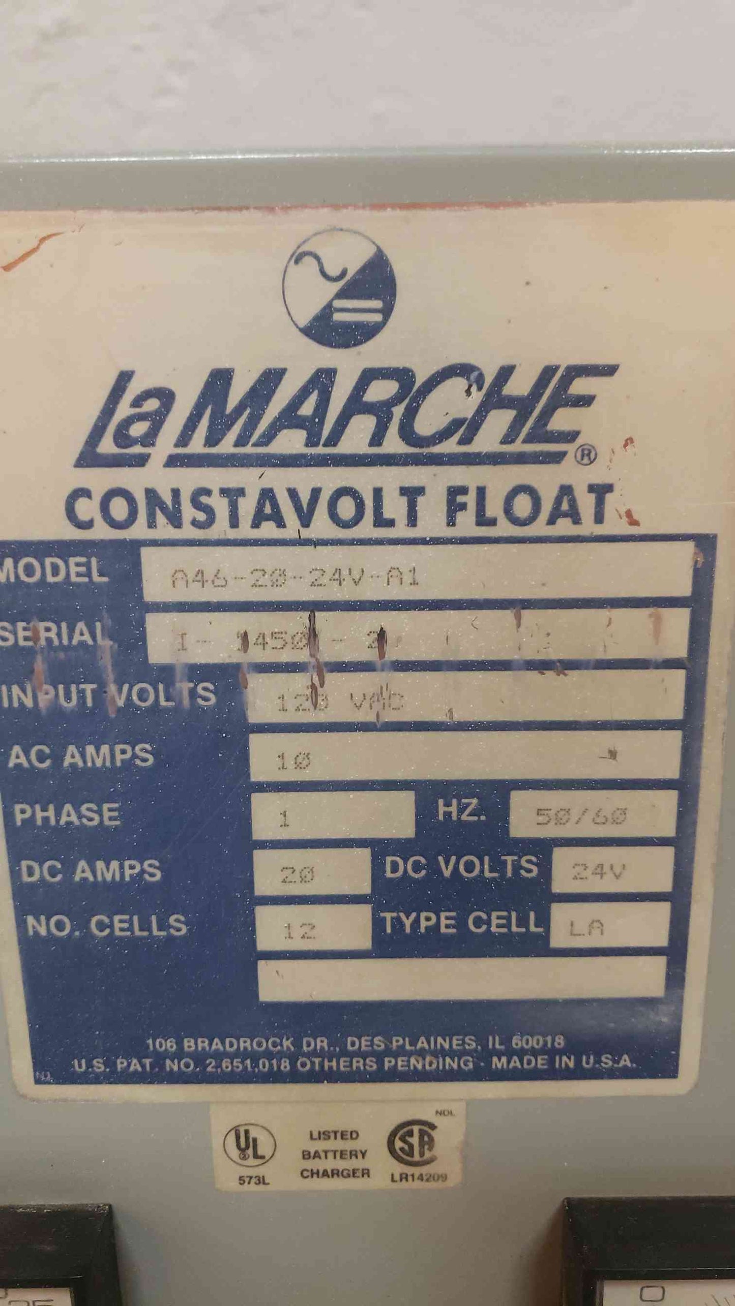 Battery Charger La Marche Constavolt Float 1PH 24V 120VAC A46-20-24V-A1(103255)