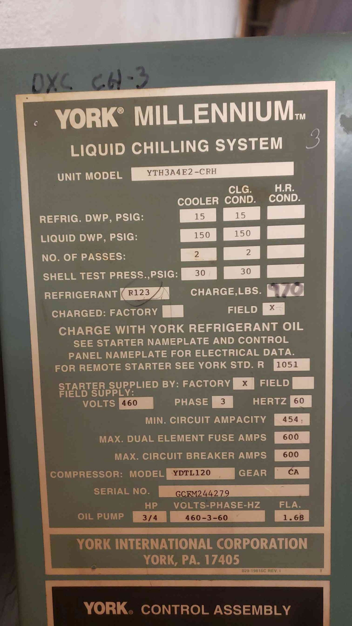 York Millennium Liquid Chilling System 1PH 115V 15A 381G(103260)