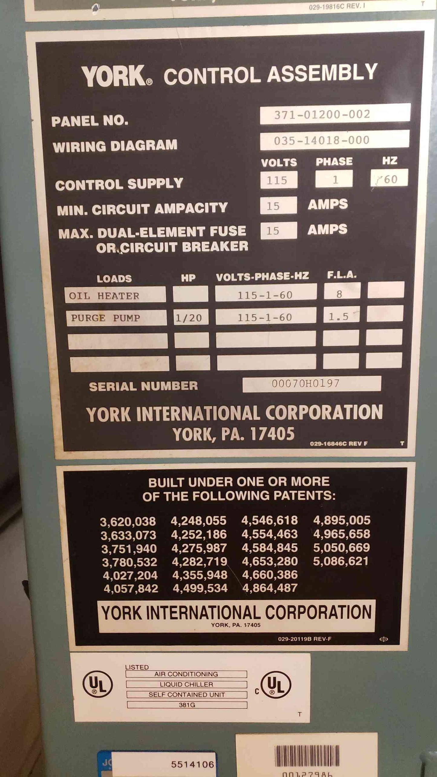 York Millennium Liquid Chilling System 1PH 115V 15A 381G(103260)