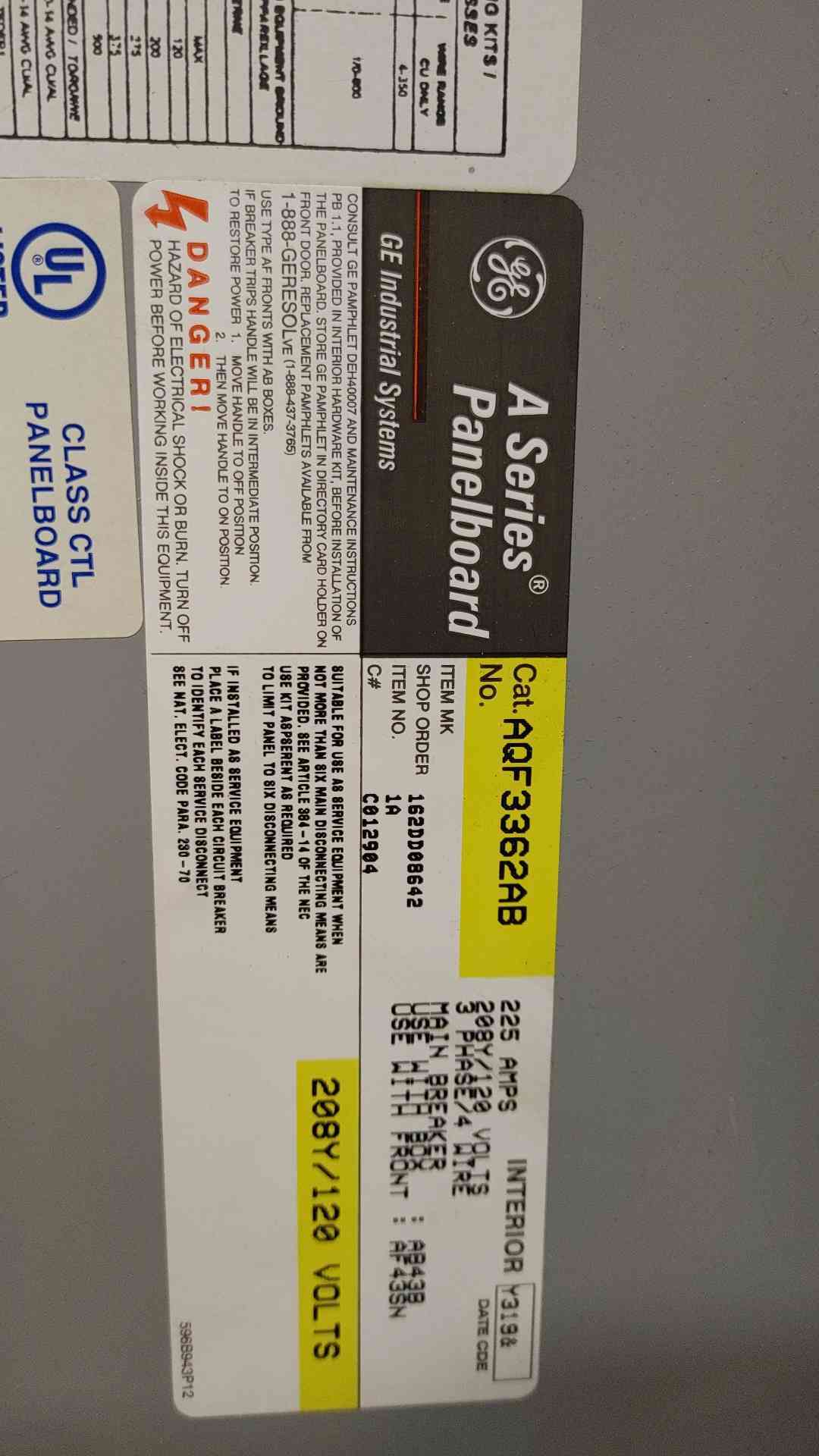 GE A Series Breaker Panelboard 225A 208Y/120V 3 PH 4 Wire AB43B w/ 125A Main(103448)