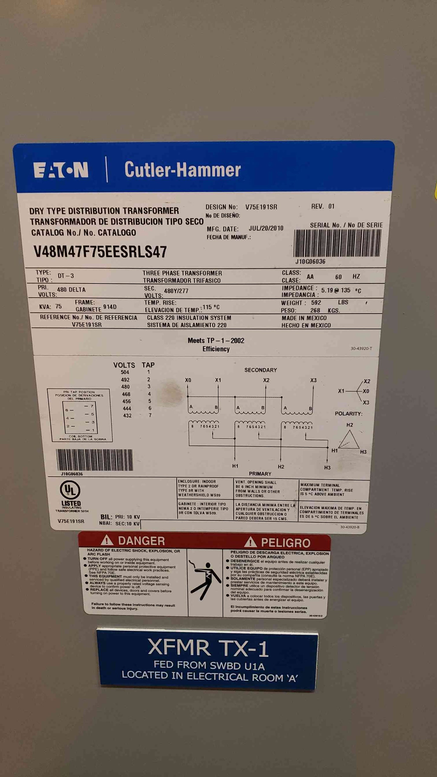 EATON 75KVA 480v x 480Y/277 Dry Type Transformer V48M47F75EESRLS47(103434)