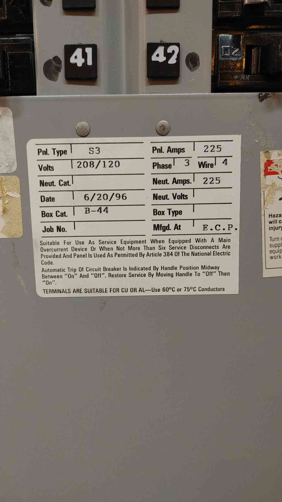 225A Breaker Panelboard 208/120V 3PH 4 Wire Loaded with Breakers(103437)