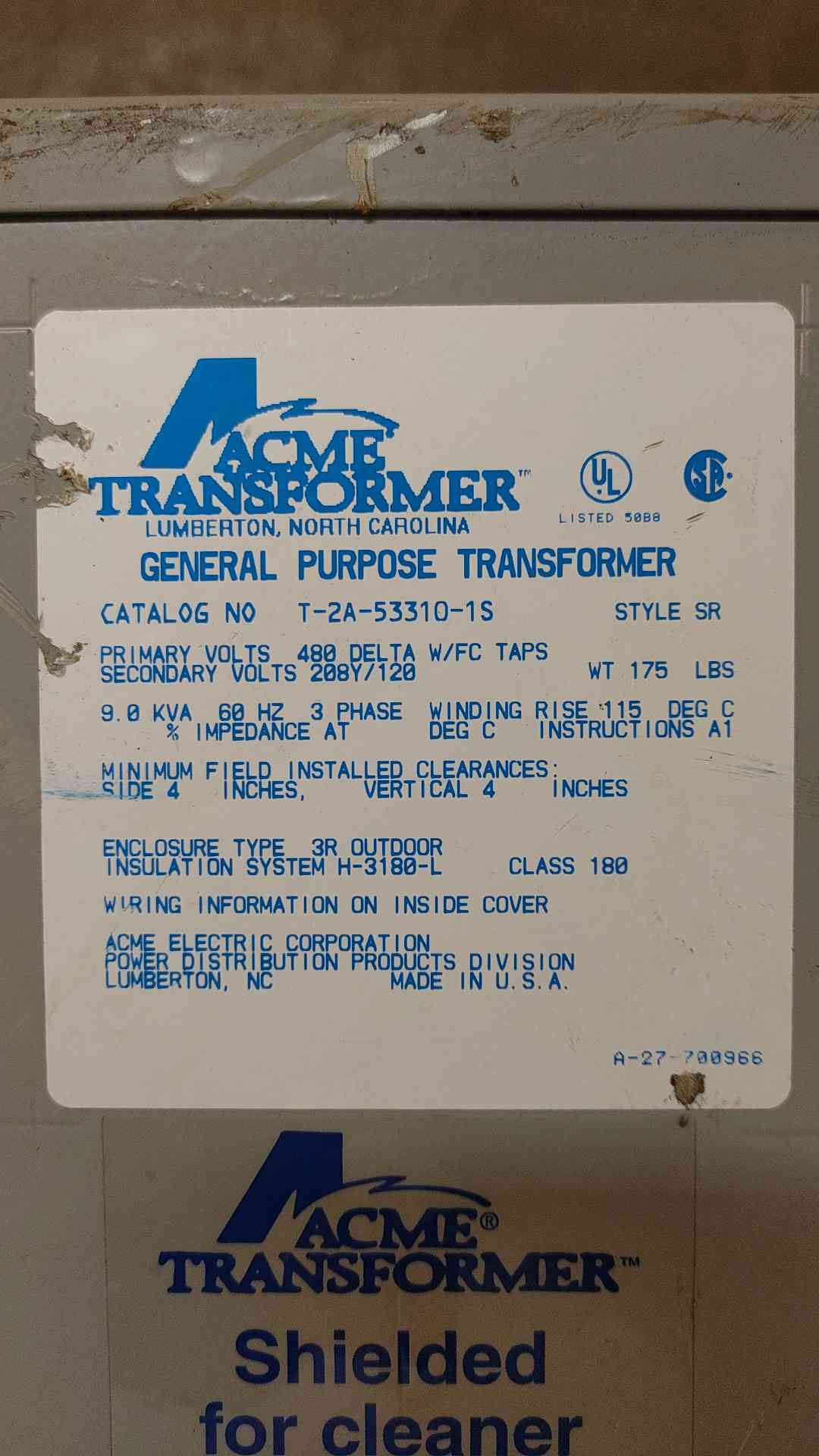 9KVA Acme General Purpose Transformer 480v x 208Y/120V 3PH T2A533101S(103610)