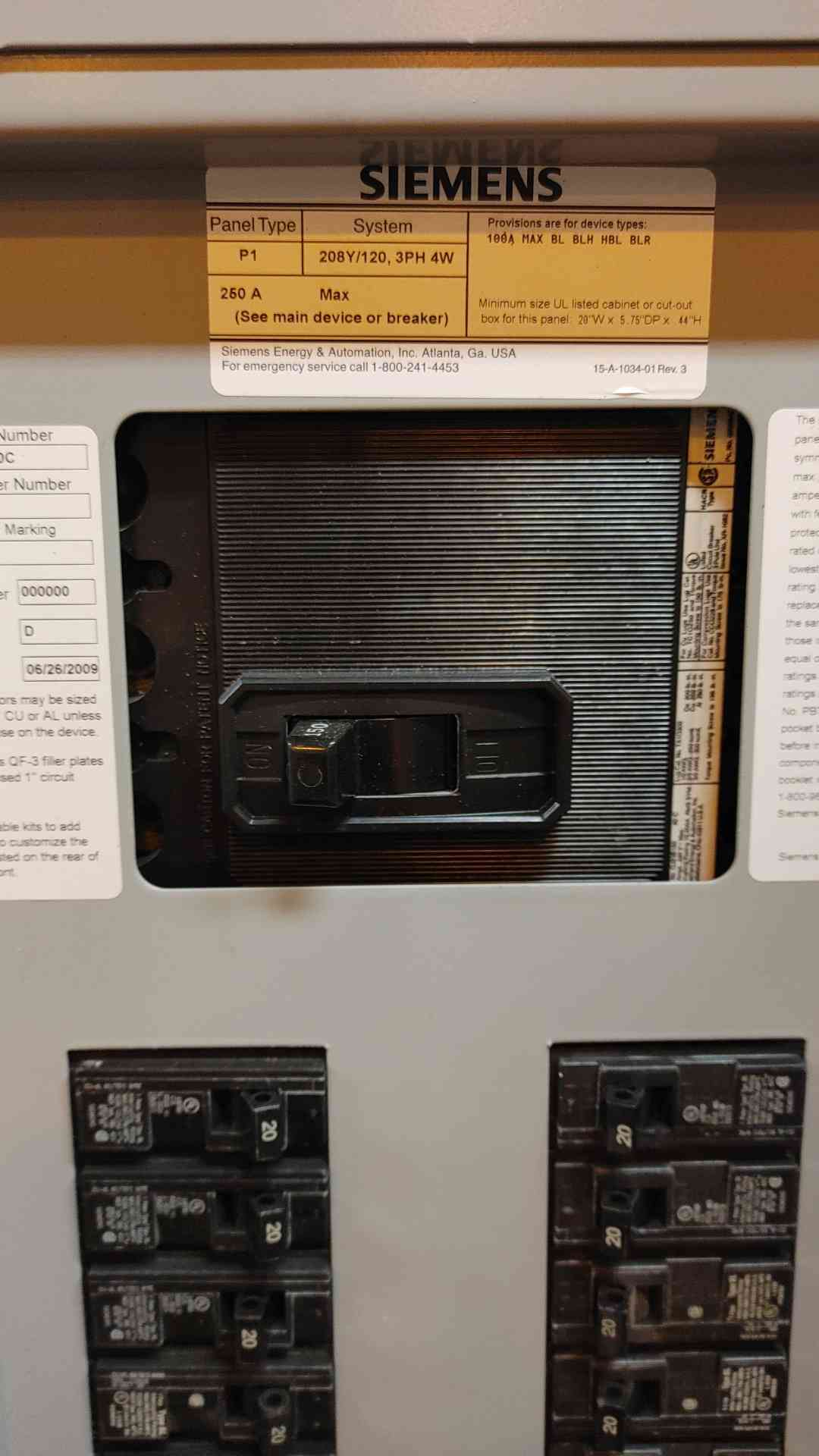 250A Siemens Panelboard 208Y/120V 3PH 4 Wire 150A Main Loaded(103583)