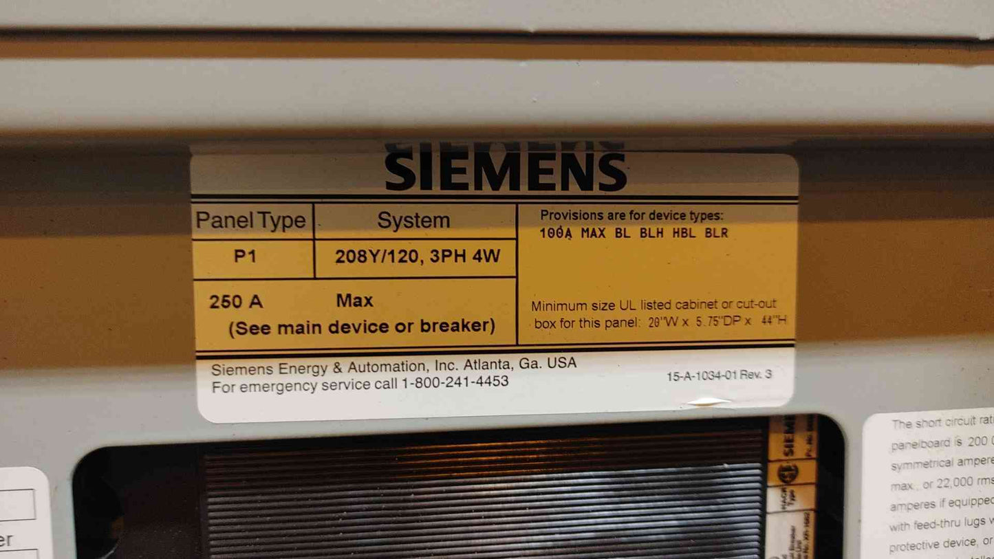 250A Siemens Panelboard 208Y/120V 3PH 4 Wire 150A Main Loaded(103583)