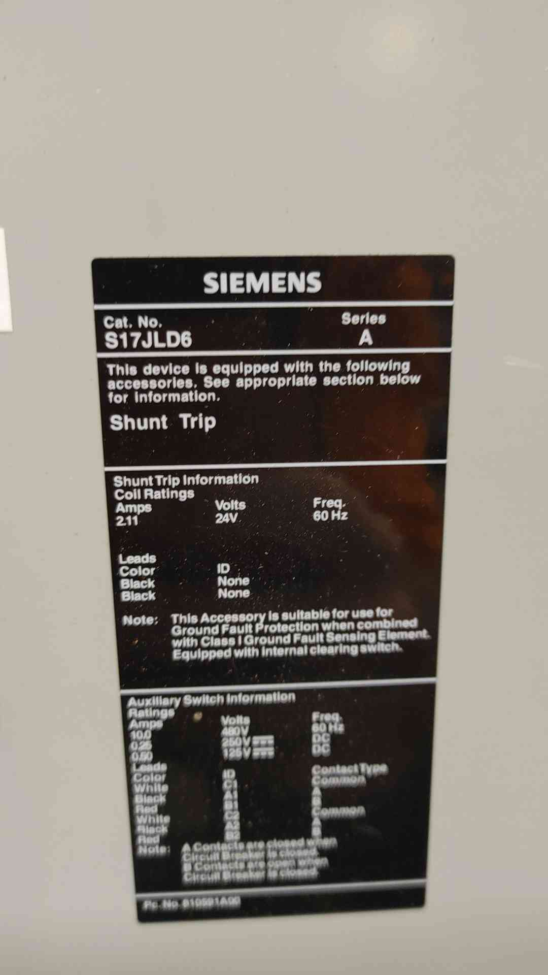 600A Siemens Shunt Trip Breaker Disconnect in Enclosure 24V 211A S17JLD6(103659)