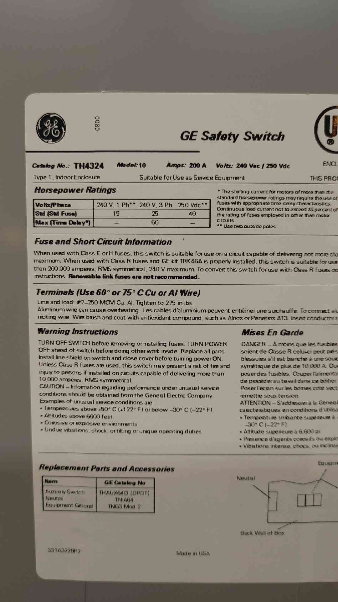 General Electric Safety Switch 200A 240VAC 250VDC 3PH TH4324(103648)