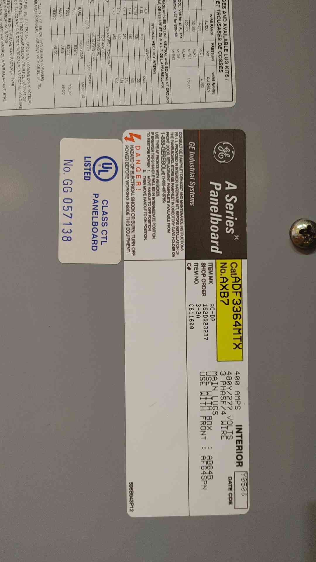 GE A Series Breaker Panelboard 400A 480Y/277V 3PH 4 Wire AXB7 8 Breakers(103651)