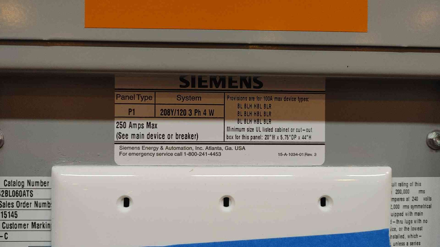 Siemens P1C42BL060ATS Complete Panelboard 250A 42-Cir 3PH 4W Main Lug Box & Trim (103652)