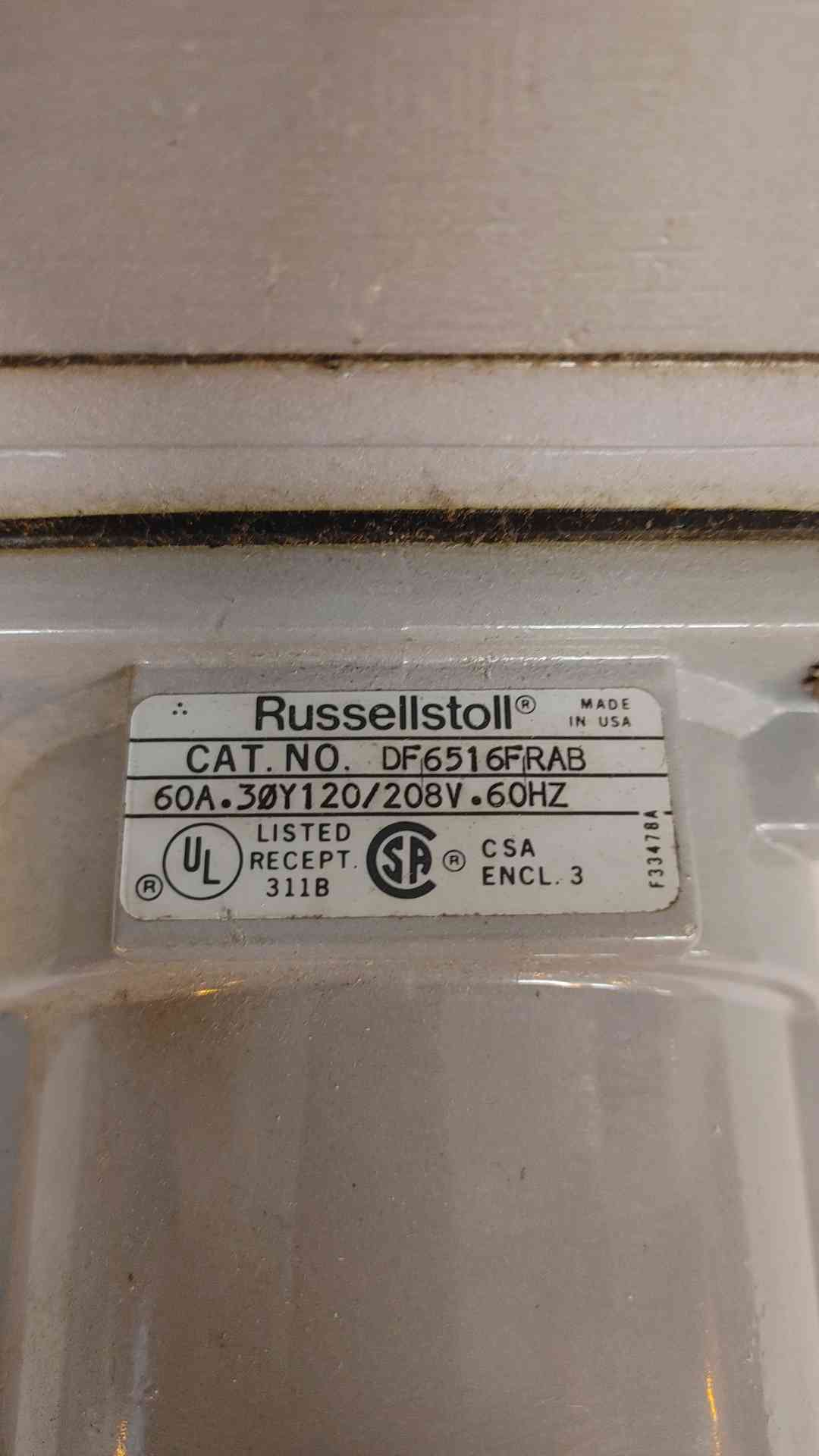 *Pickup Only* Russellstoll Plug Receptacle 60A 3PH 120/208V DF6516FRAB(103683)