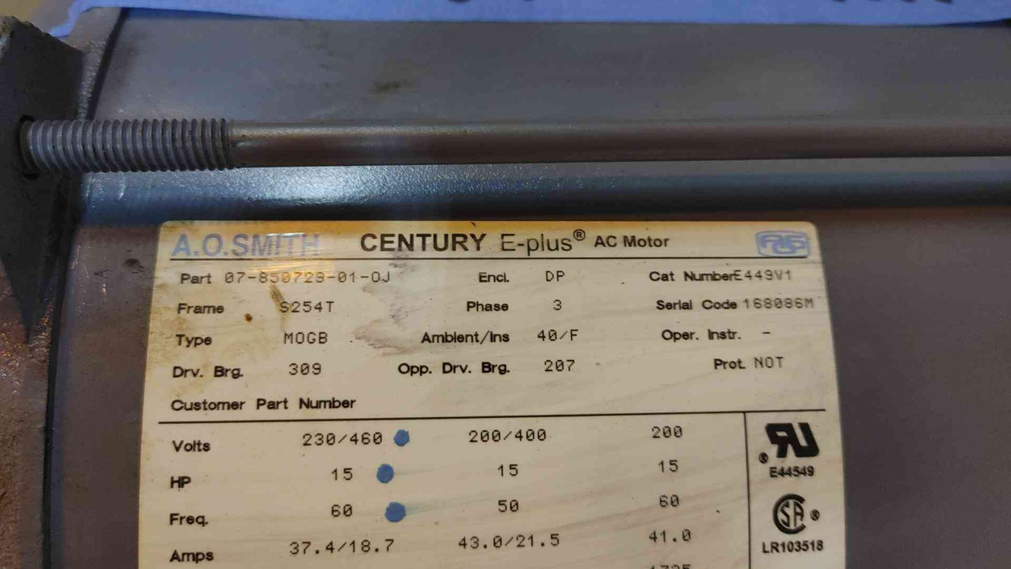 A.O. Smith Century E-Plus 15HP 230/460V 3PH AC Motor E449V1(103954)