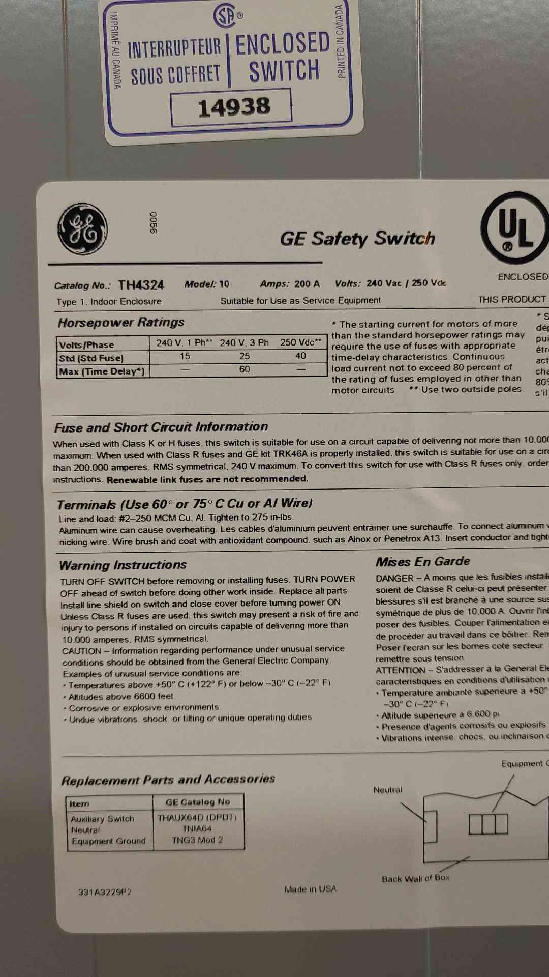 GE Heavy Duty Indoor Fusible Safety Switch 200A 240VAC TH4324(104043)