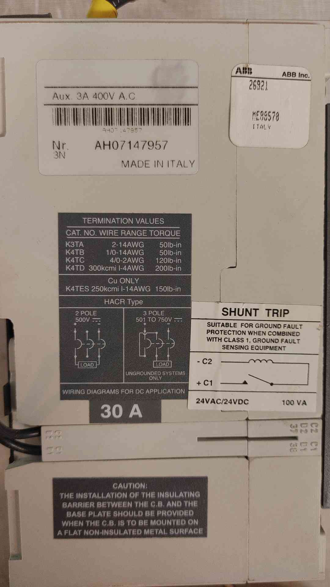 ABB Circuit Breaker 2 Pole 30A 400VAC S3N(104045)