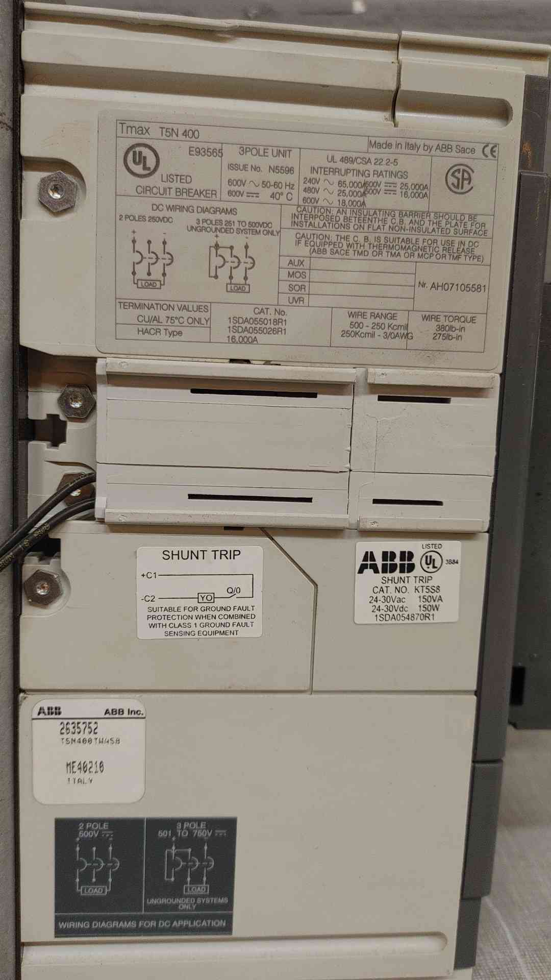 ABB Circuit Breaker 3 Pole 600VAC 400A T5N400(104046)