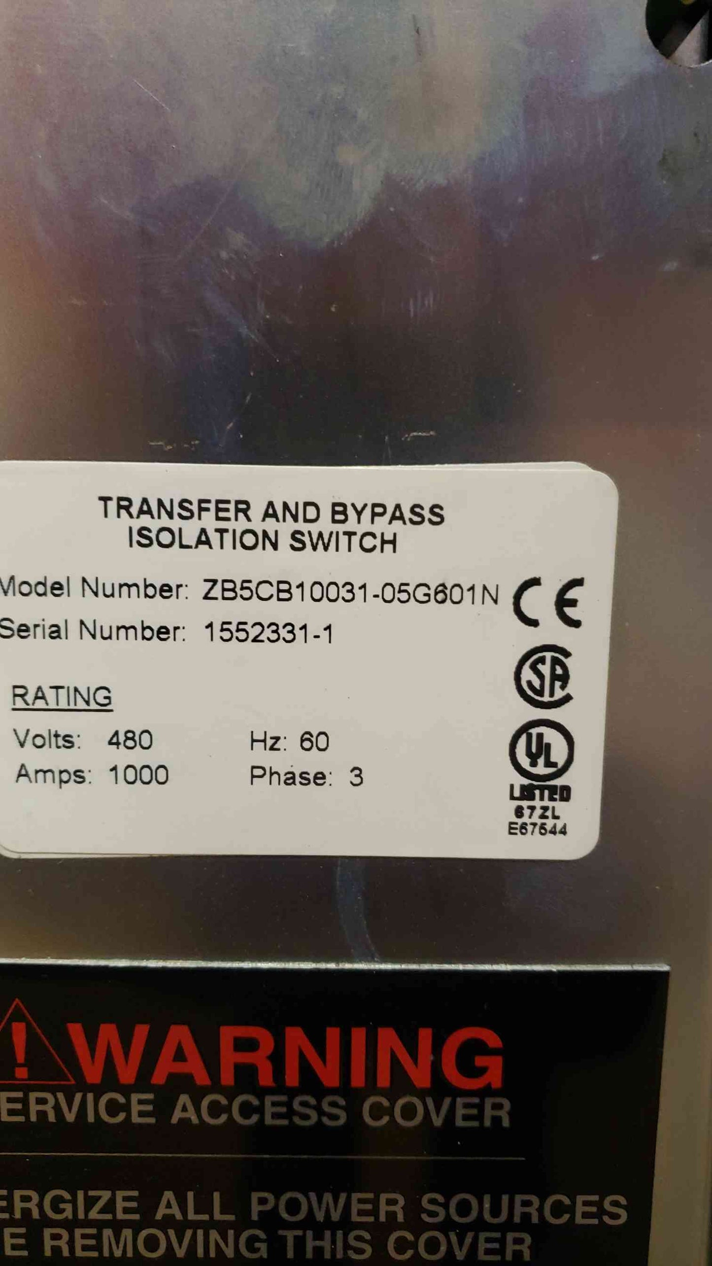 ATS GE Zenith Transfer Switch 480V 1000A 3PH ZB5CB10031-05G601N(104122)