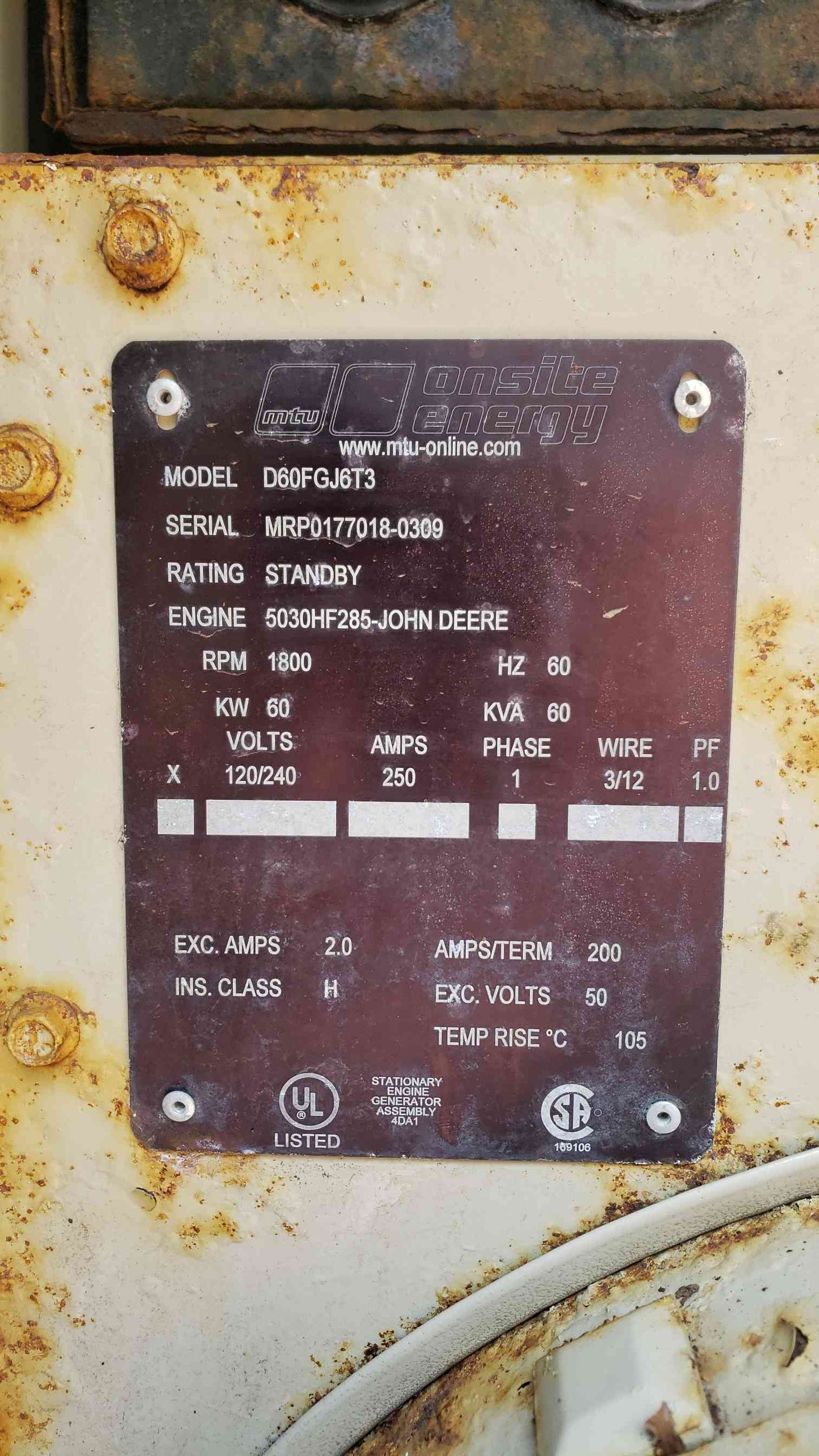 60KW Onsite MTU Diesel Generator 1&3PH 1132Hrs D60FGJ6T3 TESTED(104137)