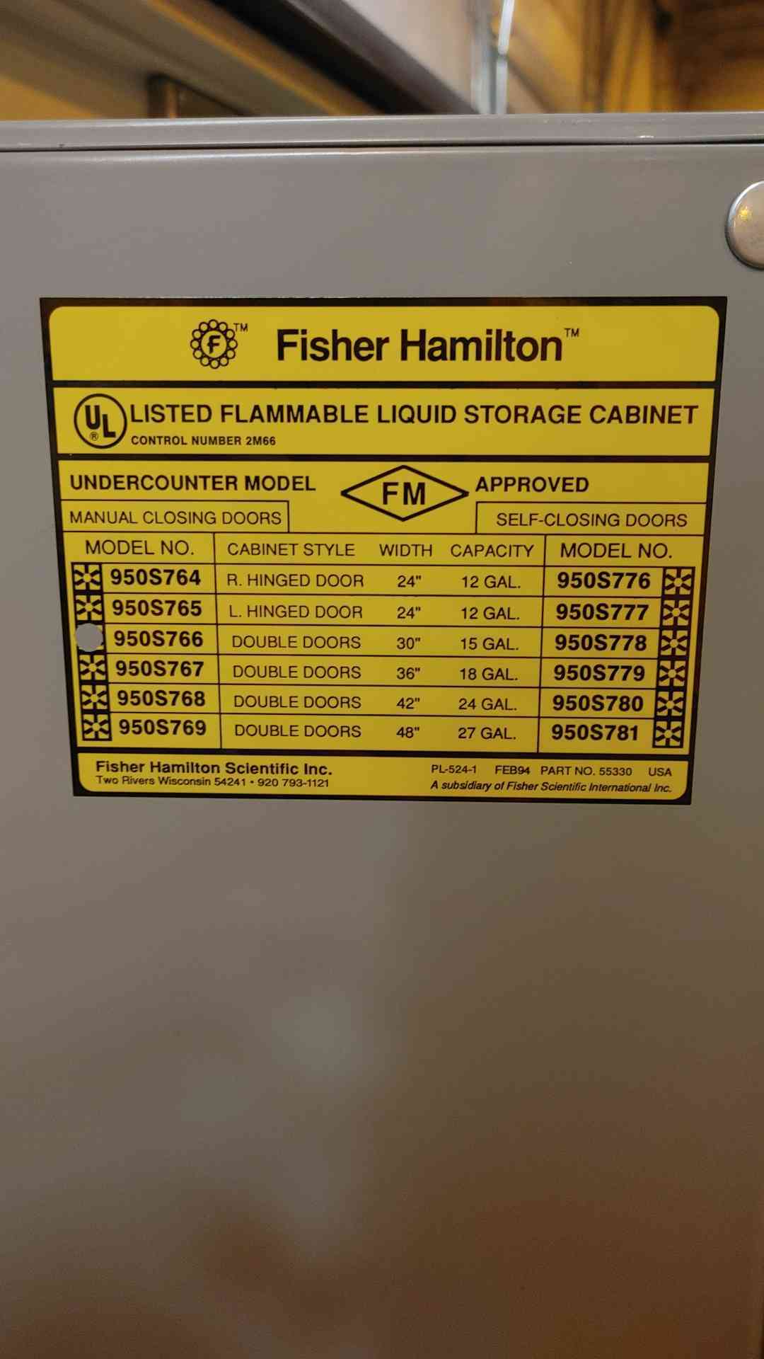 8' Fisher Hamilton Flammable Liquid Storage Cabinet W/ 2 Dials 950S778(104171)