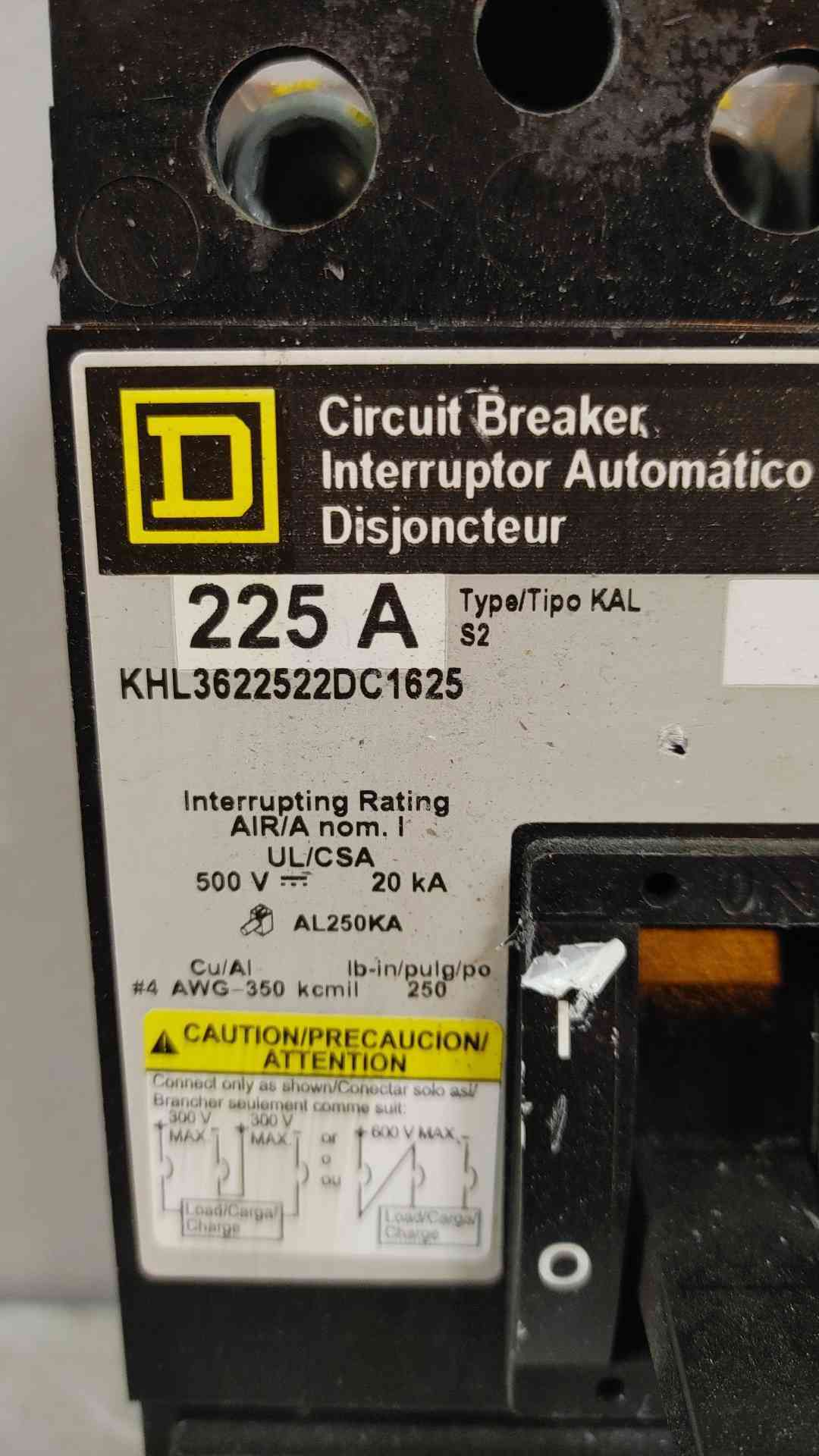 Square D 225A 3 Pole Circuit Breaker 500V KHL3622522DC1625(104616)