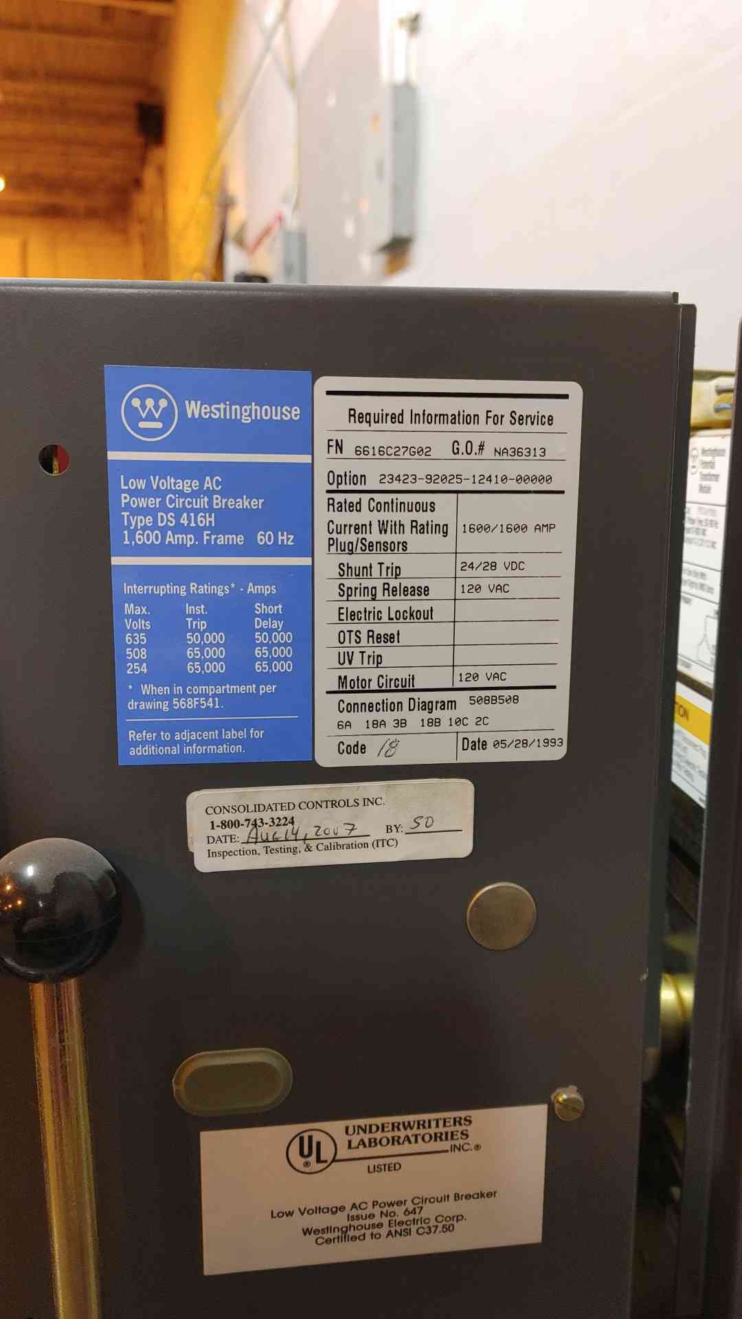 Westinghouse LV AC Power Circuit Breaker 1600/1600A DS416H(104601)