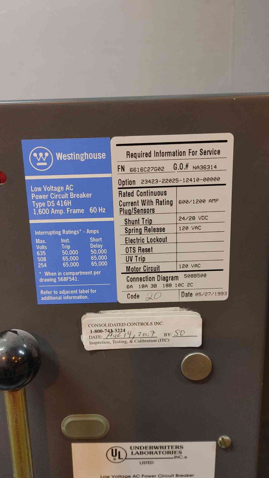 Westinghouse LV Circuit Breaker 600/1600A 120VAC DS416H(104602)