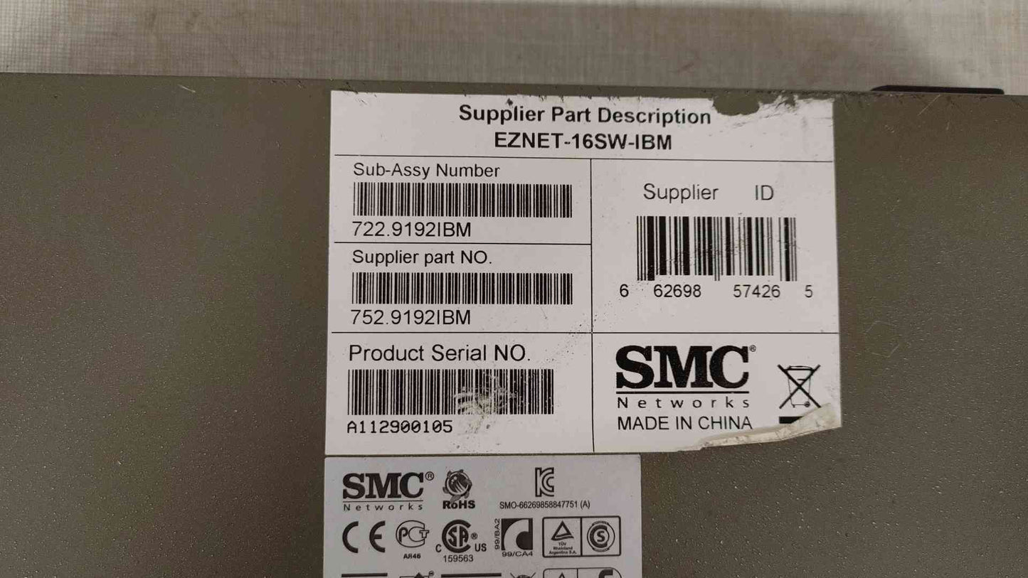 *Pickup Only* SMC Networks Fiber Network EZ Switch 10/100 100-240V .4A SMC-EZ1016DT(104688)