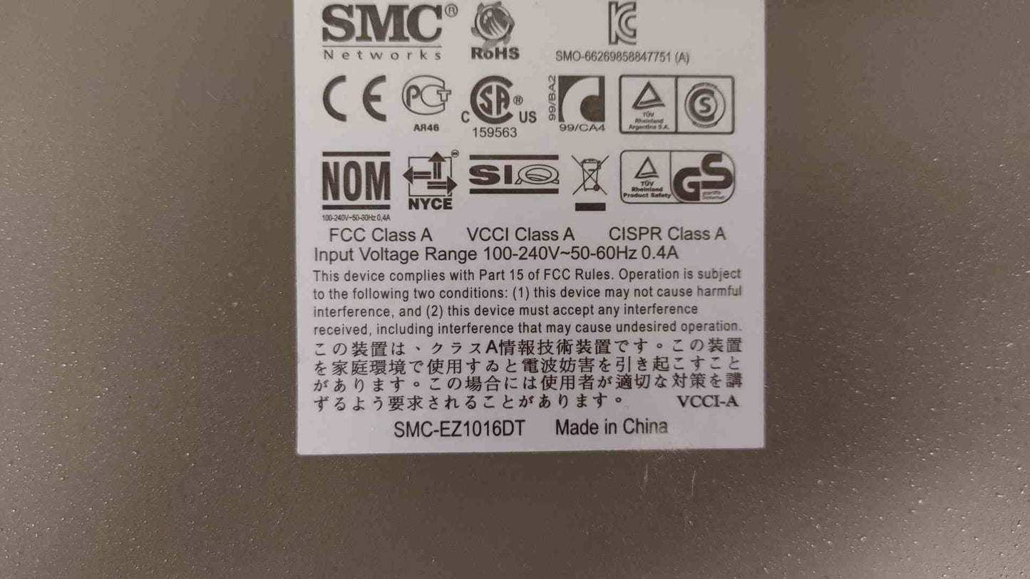 *Pickup Only* SMC Networks Fiber Network EZ Switch 10/100 100-240V .4A SMC-EZ1016DT(104688)
