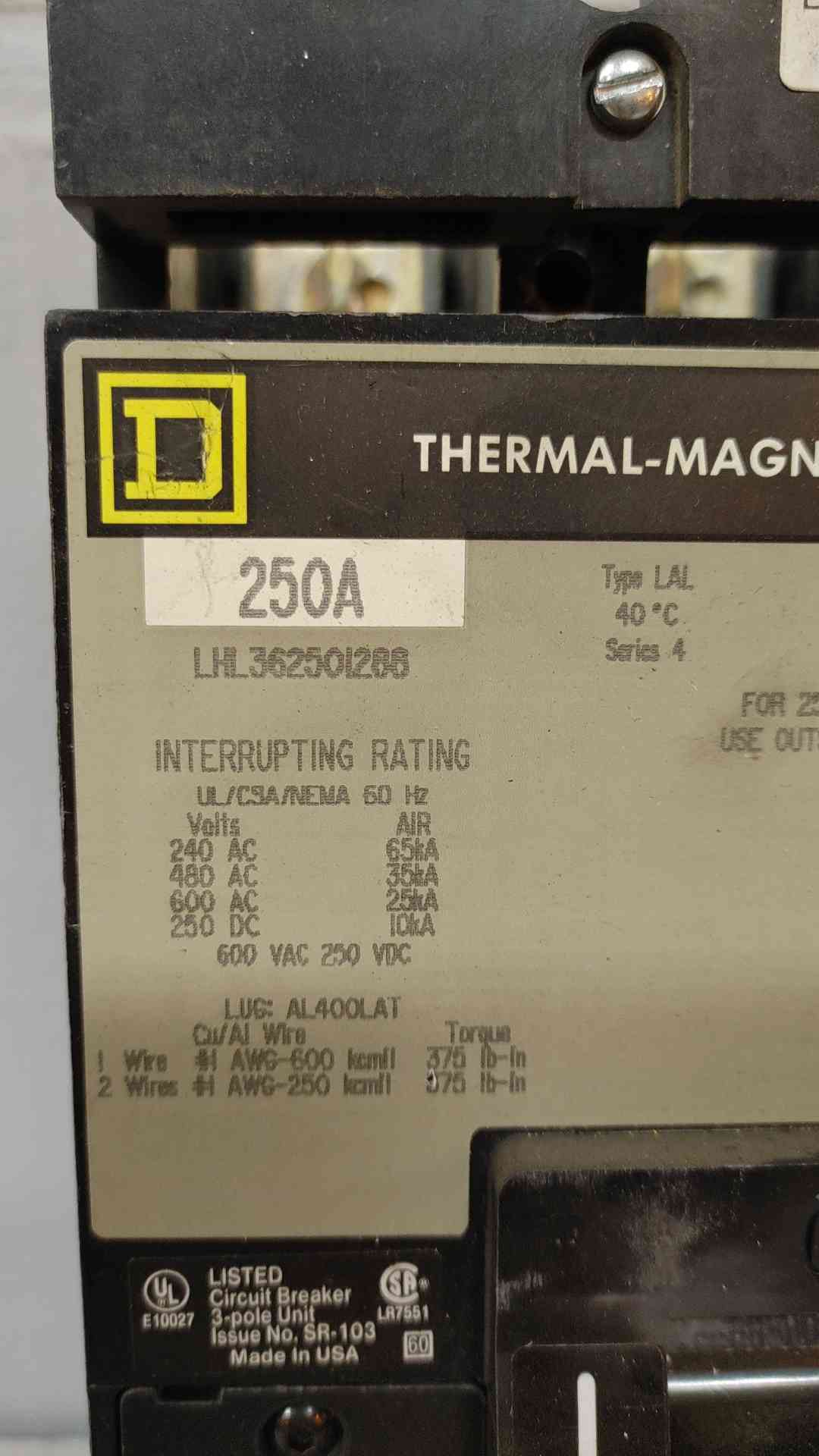 Square D 250A Thermal-Magnetic 3 Pole Circuit Breaker 600VAC 250VDC 10KA LHL36250I288(104789)