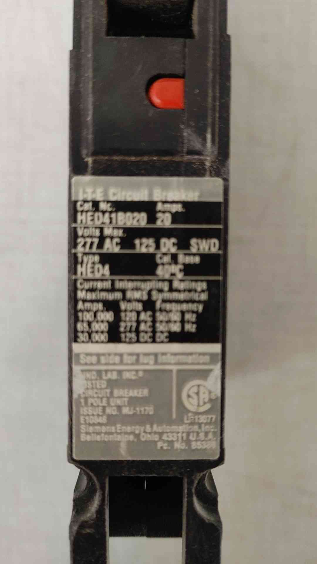 *Pickup Only* Siemens 20A 1 Pole I-T-E Circuit Breaker 277VAC 125VDC HED41B020(104790)